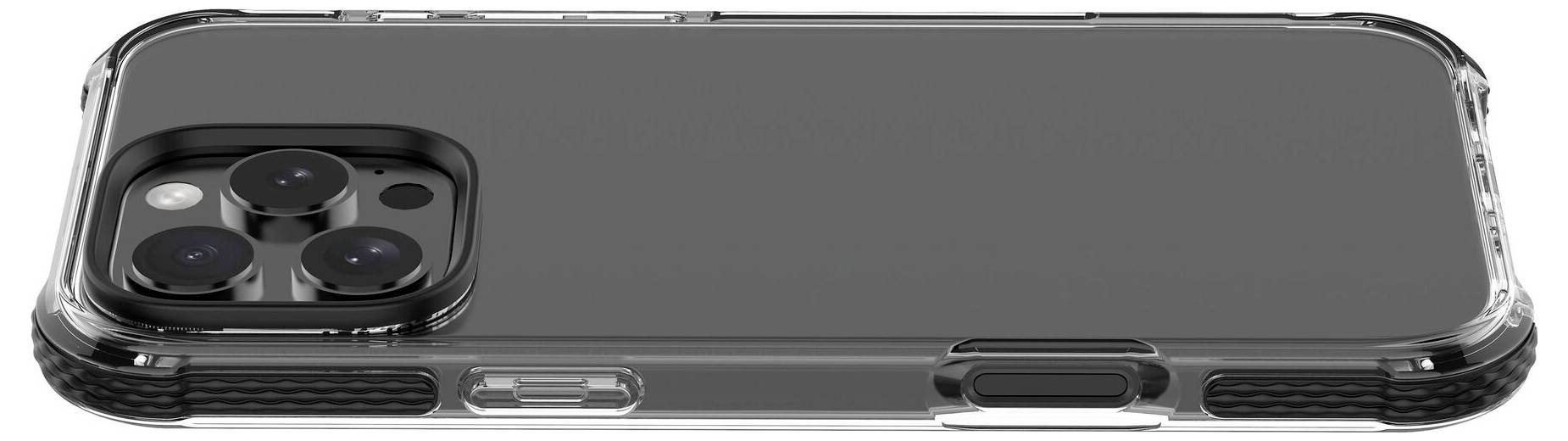 Ein Smartphone mit transparentem Schutzgehäuse, das die Kameraobjektive und Seitenknöpfe zeigt.