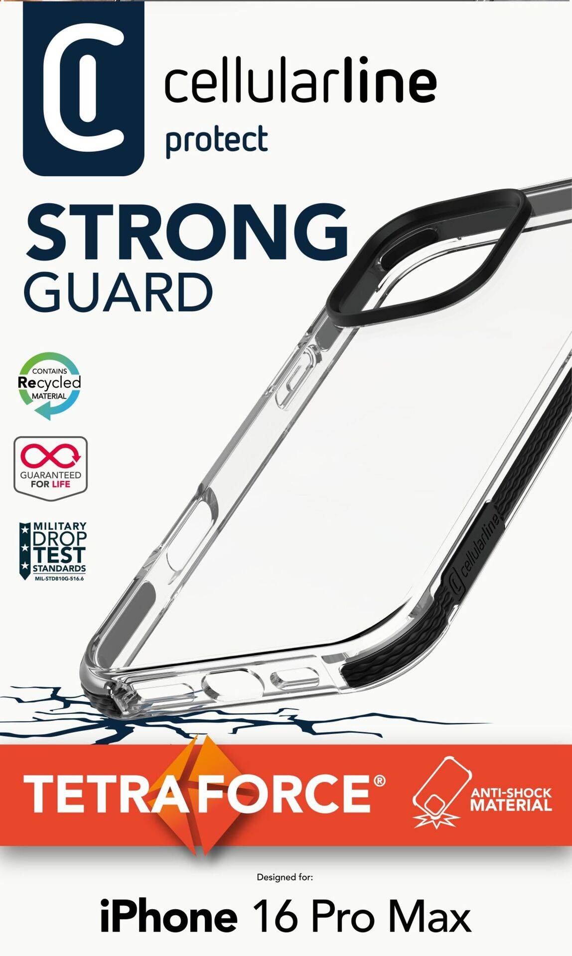 'Cellularline Strong Guard' Handyhülle für iPhone 16 Pro Max. Hervorgehobene Eigenschaften: recyceltes Material, stoßfest, Militärstandard.