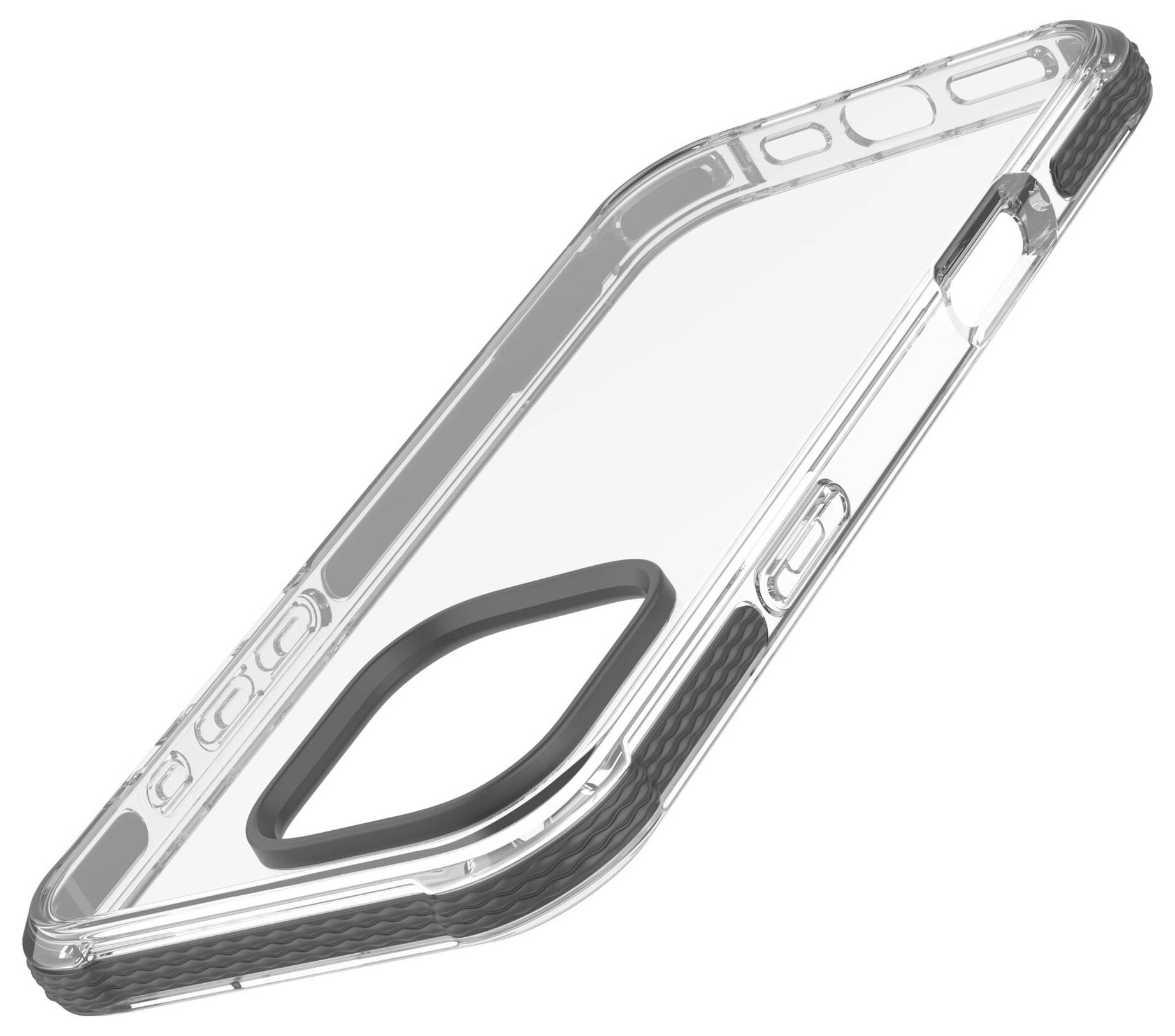 Klarsichtige Handyhülle in Schrägansicht. Zeigt Sichtfenster für Kamera und verstärkte Ecken für Sturzschutz.