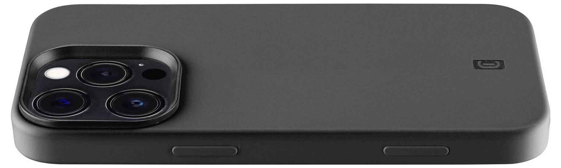 Smartphone in schwarzer Hülle aus der Perspektive der Rückseite, zeigt die Kamera mit drei Linsen und Tasten am Rand.