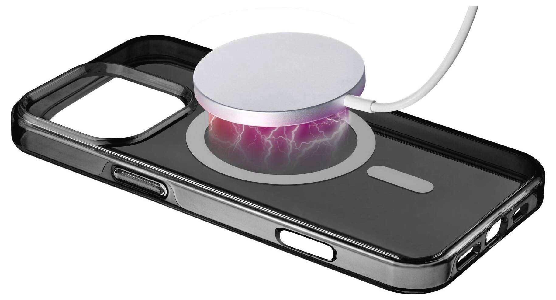 Ein drahtloses Ladegerät lädt ein Smartphone in einer schwarzen Hülle auf.agnitude.