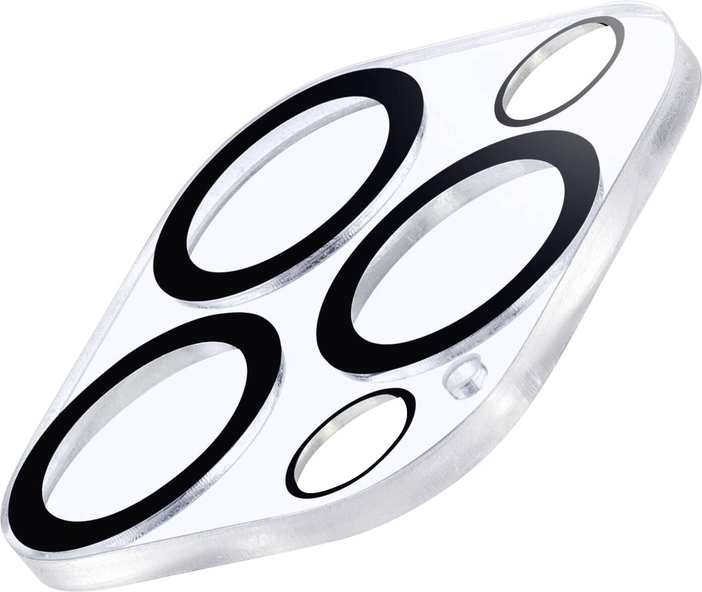 Eine diamantförmige, transparente Abdeckung mit vier runden Öffnungen für Kameralinsen, die auf einem Smartphone angebracht werden kann.