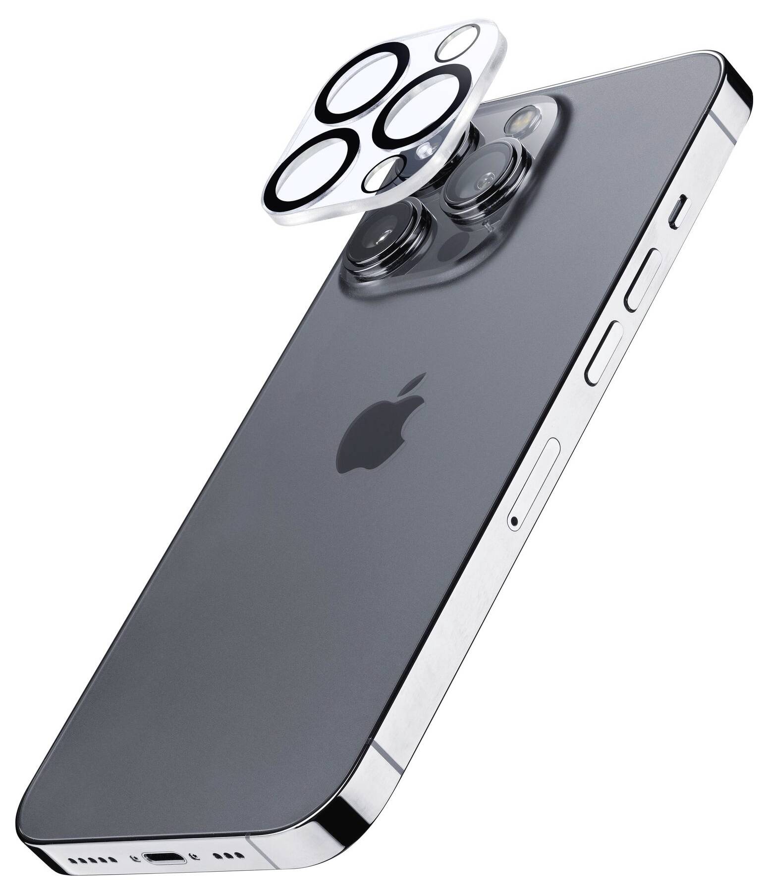 Ein Smartphone mit abgenommenem Linsenschutz, zeigt die vier Kameraobjektive und das Apple-Logo auf der Rückseite.