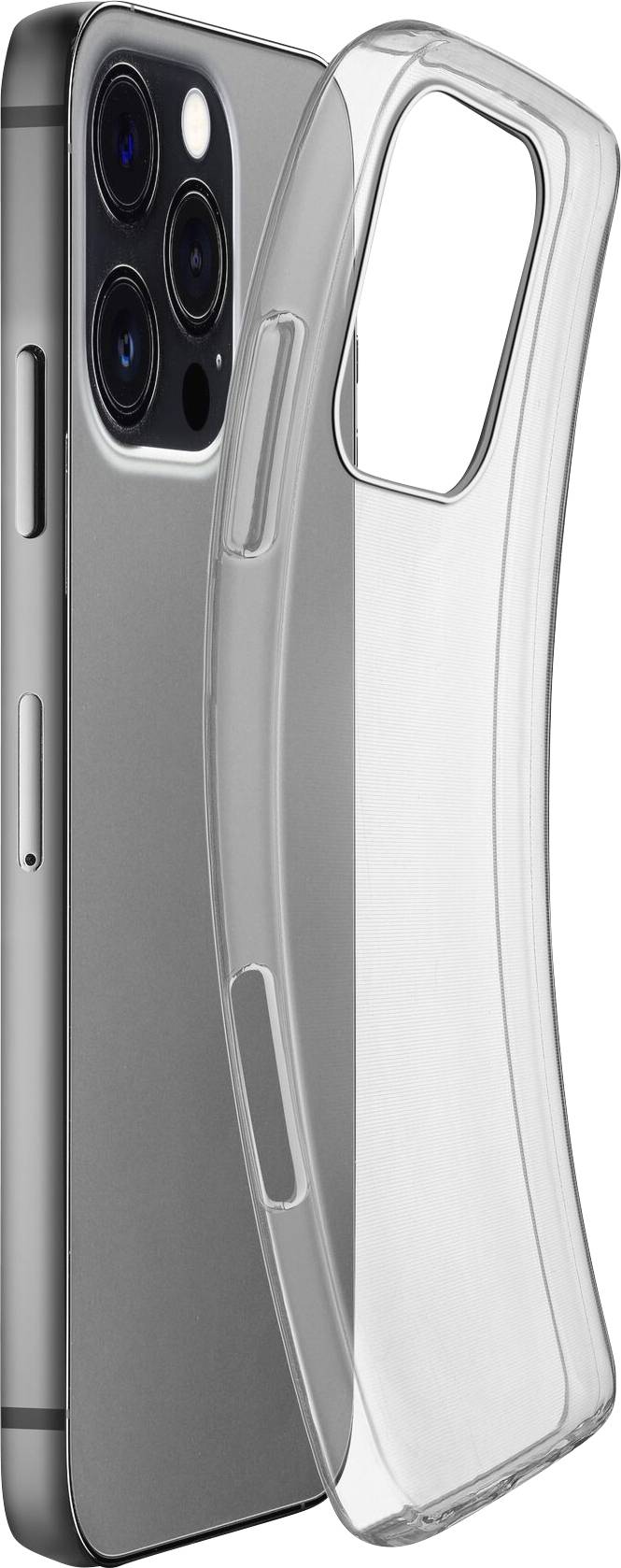 Smartphone mit drei Kameralinsen und seitlichem Knopf, daneben eine durchsichtige Schutzhülle.