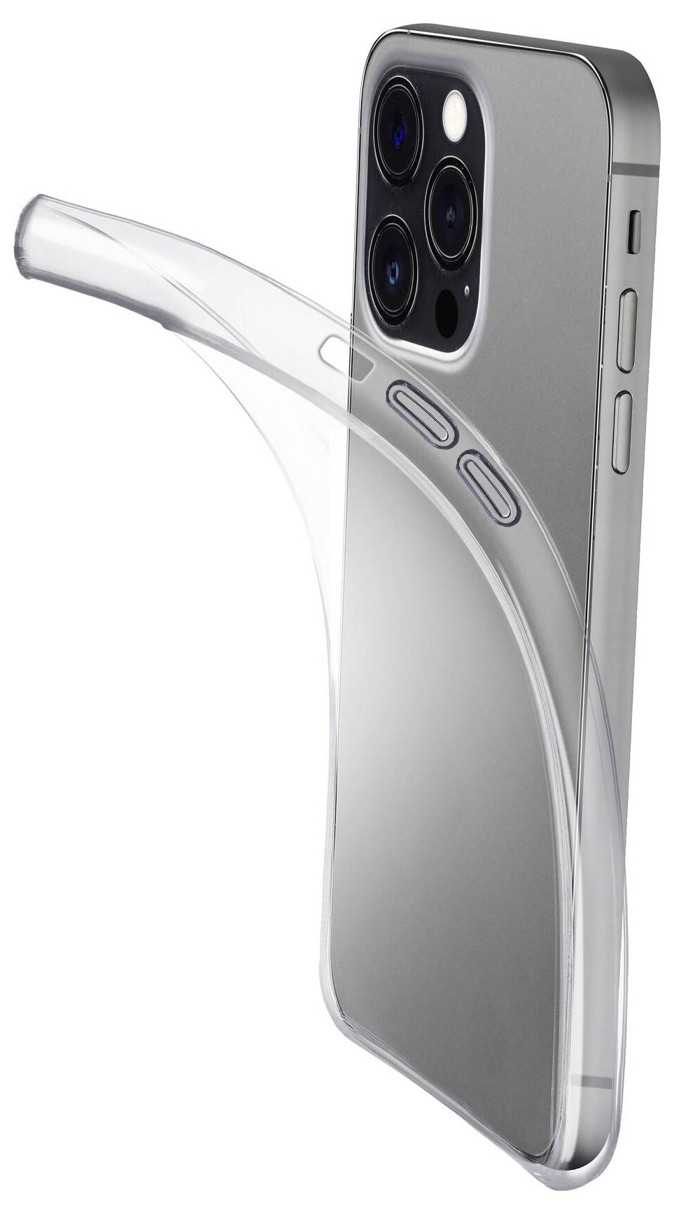 Transparentes, flexibles Smartphone-Case, das an die Rückseite eines Mobiltelefons angebracht wird, mit speziellen Aussparungen für Kamera und Tasten.