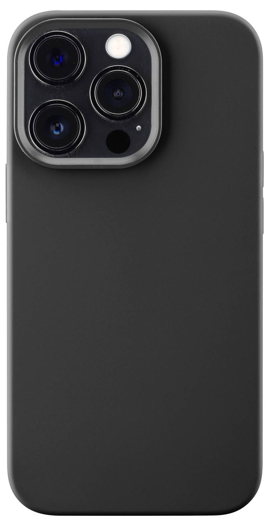 Ein modernes Smartphone in einer schlichten, schwarzen Hülle. Die Kamera mit drei Linsen ist sichtbar.