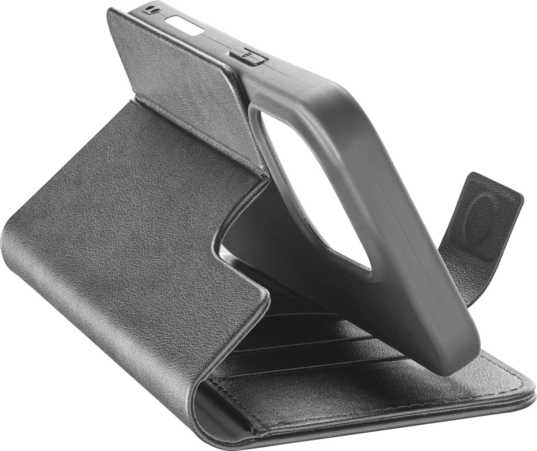 Eine schwarze Leder-Handyhülle in Kickstand-Position, die das Smartphone aufrecht hält.