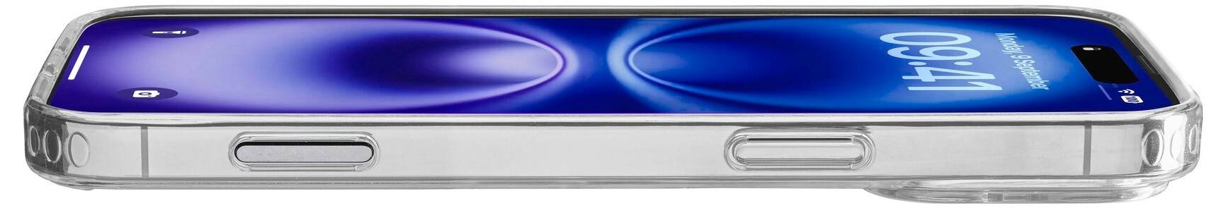 Smartphone mit blauem Bildschirm, seitliche Ansicht zeigt Lautstärketasten und Gehäuse. Uhrzeit auf dem Display: 09:41.