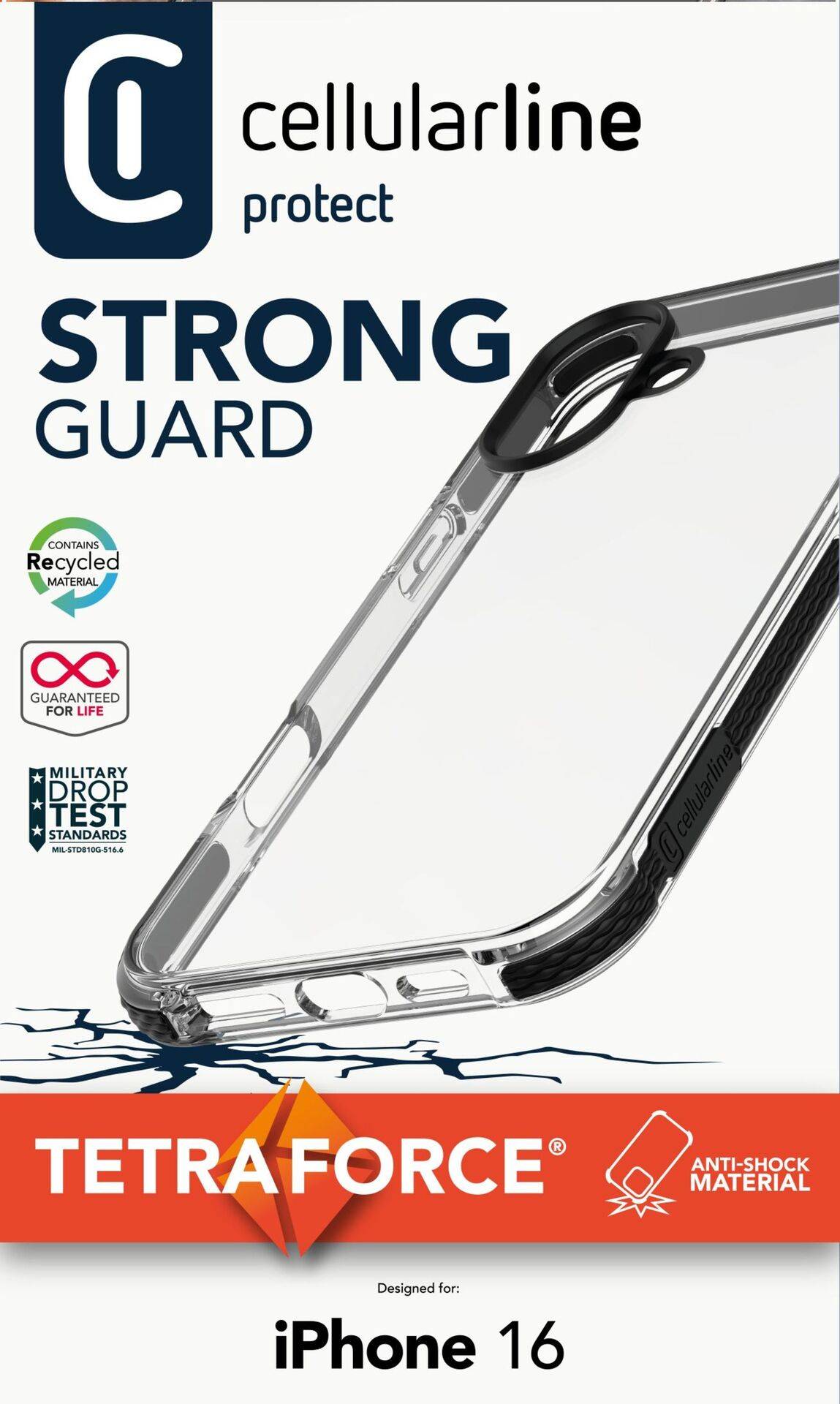 'Cellularline Strong Guard' Handyschutzhülle aus recyceltem Material. Schützt vor Stürzen. Entwickelt für iPhone 16.