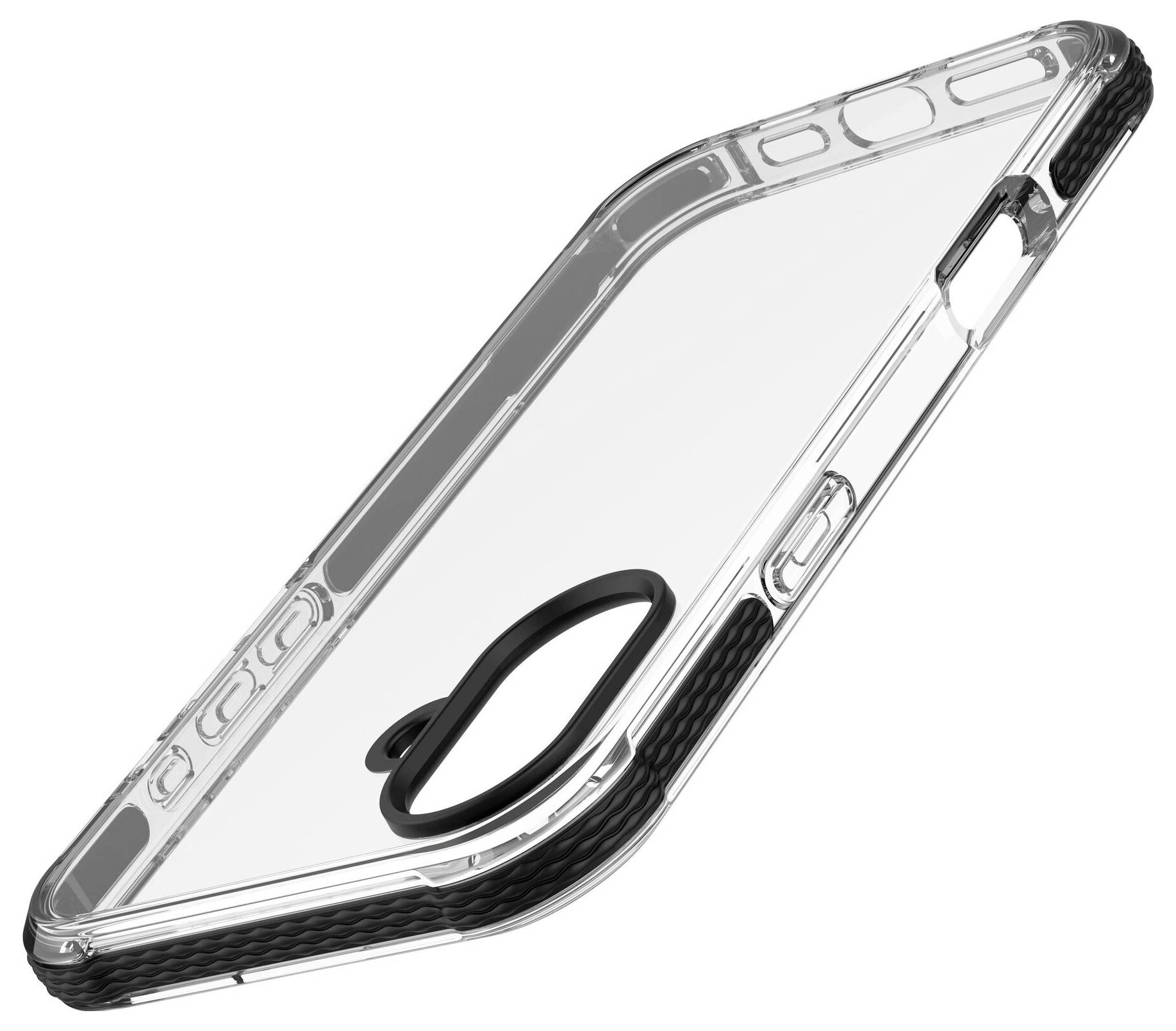 Transparente Handyhülle mit schwarzen Akzenten, geeignet für ein Smartphone. Sie zeigt Schutzstoßkanten und präzise Ausschnitte.