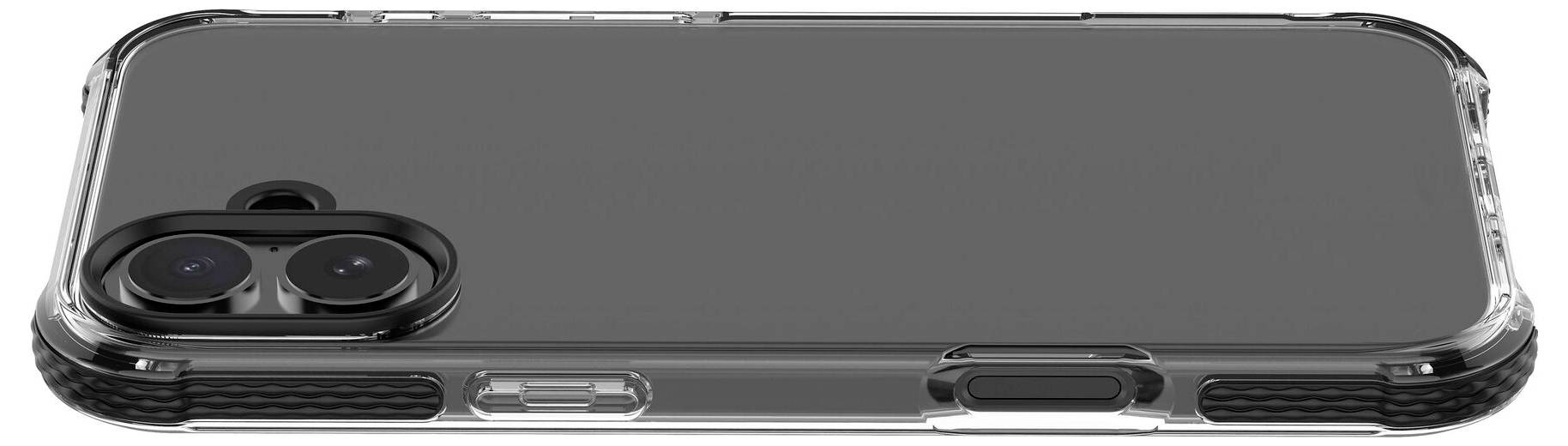 Smartphone in schwarzer Hülle mit zwei Kameralinsen auf der Rückseite auf weißem Hintergrund.