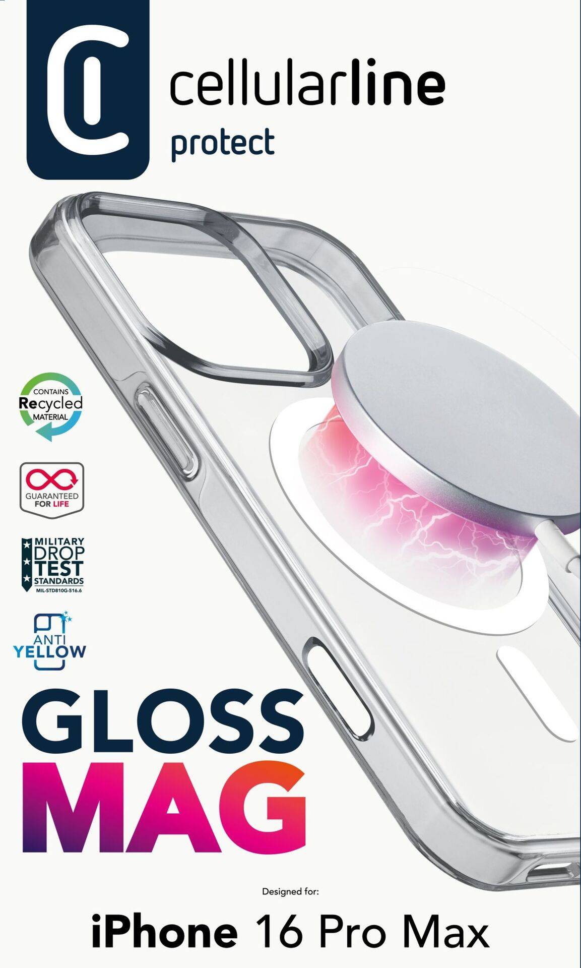Schutzhülle 'Gloss Mag' für iPhone 16 Pro Max von Cellularline. Mit MagSafe-fähigem Design, stoßfest und Anti-Vergilbungsschutz.