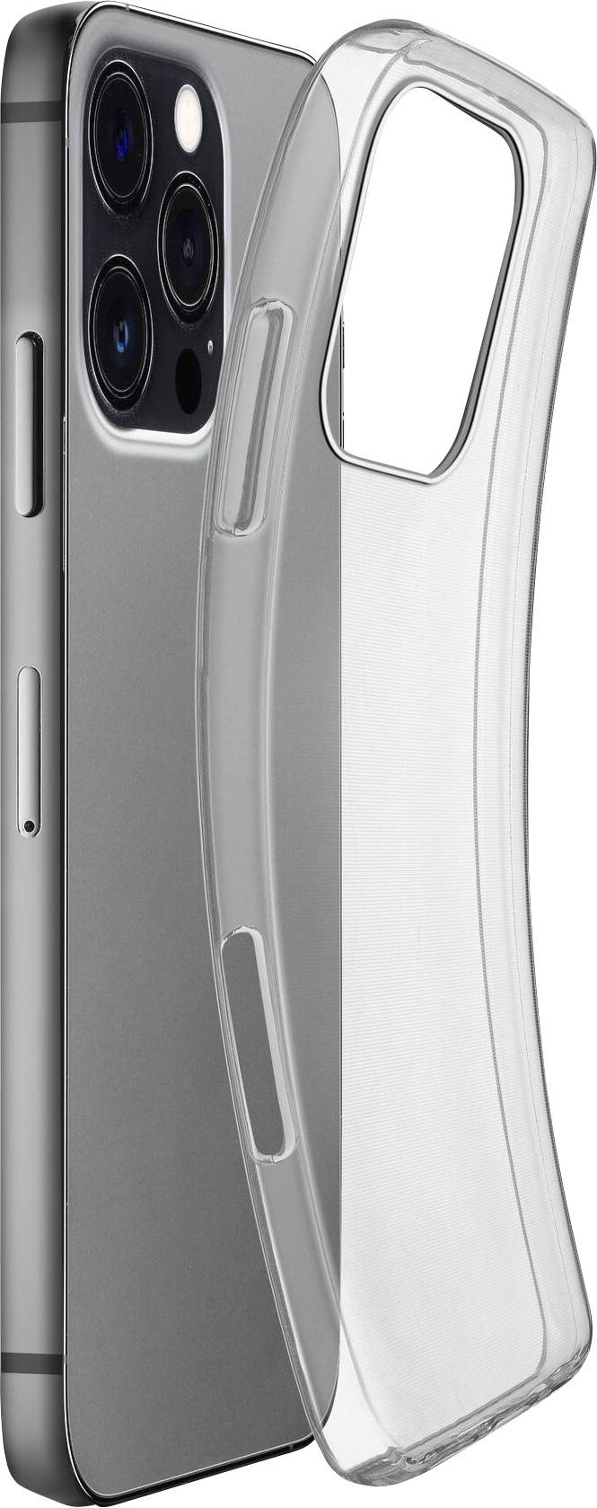 Smartphone mit transparentem Case, das teilweise abgenommen ist. Zeigt Rückseite des Geräts mit Kameras und seitlichem Bedienknopf.