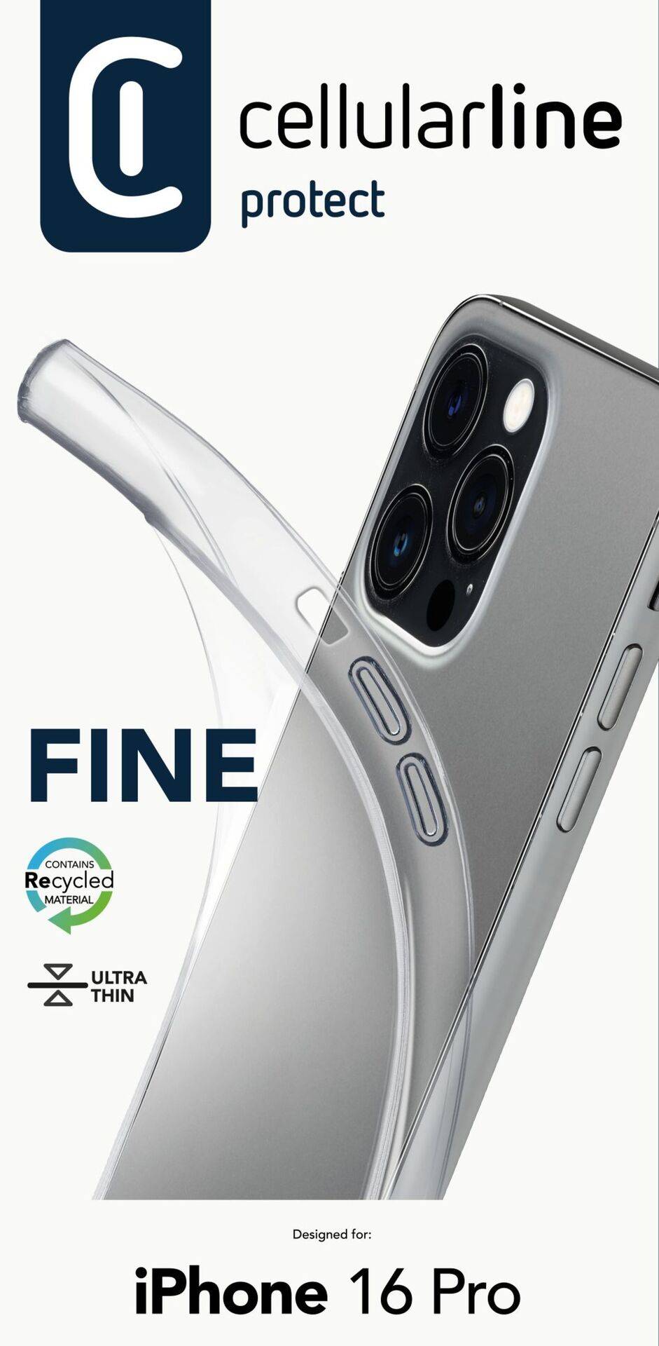 'Cellularline protect' Hülle für iPhone 16 Pro. Ultra dünn, recyceltes Material. Foto zeigt transparente Hülle auf Silber-iPhone.