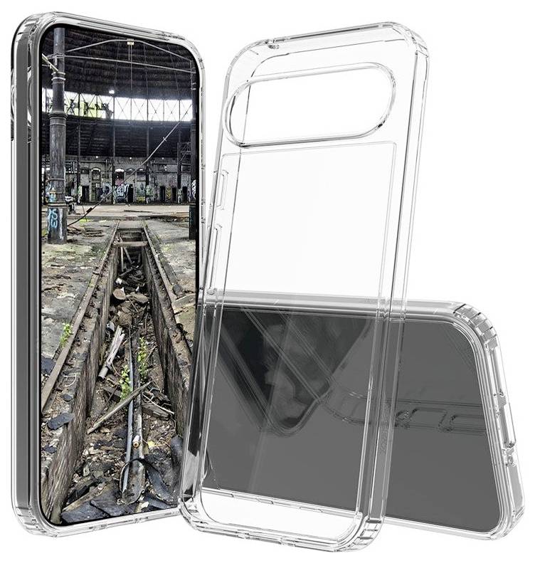 Eine durchsichtige Smartphone-Hülle, die ein Handy mit einem Bild eines verlassenen, mit Graffiti bedeckten Industriegebäudes zeigt. Im Inneren sind überwucherte Gleise zu sehen.