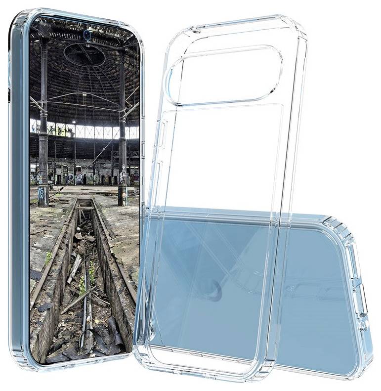 iPhone in einem durchsichtigen, blaustichigen Schutzgehäuse. Das Telefon zeigt ein Bild des Innenraums eines verlassenen Bahnhofs.