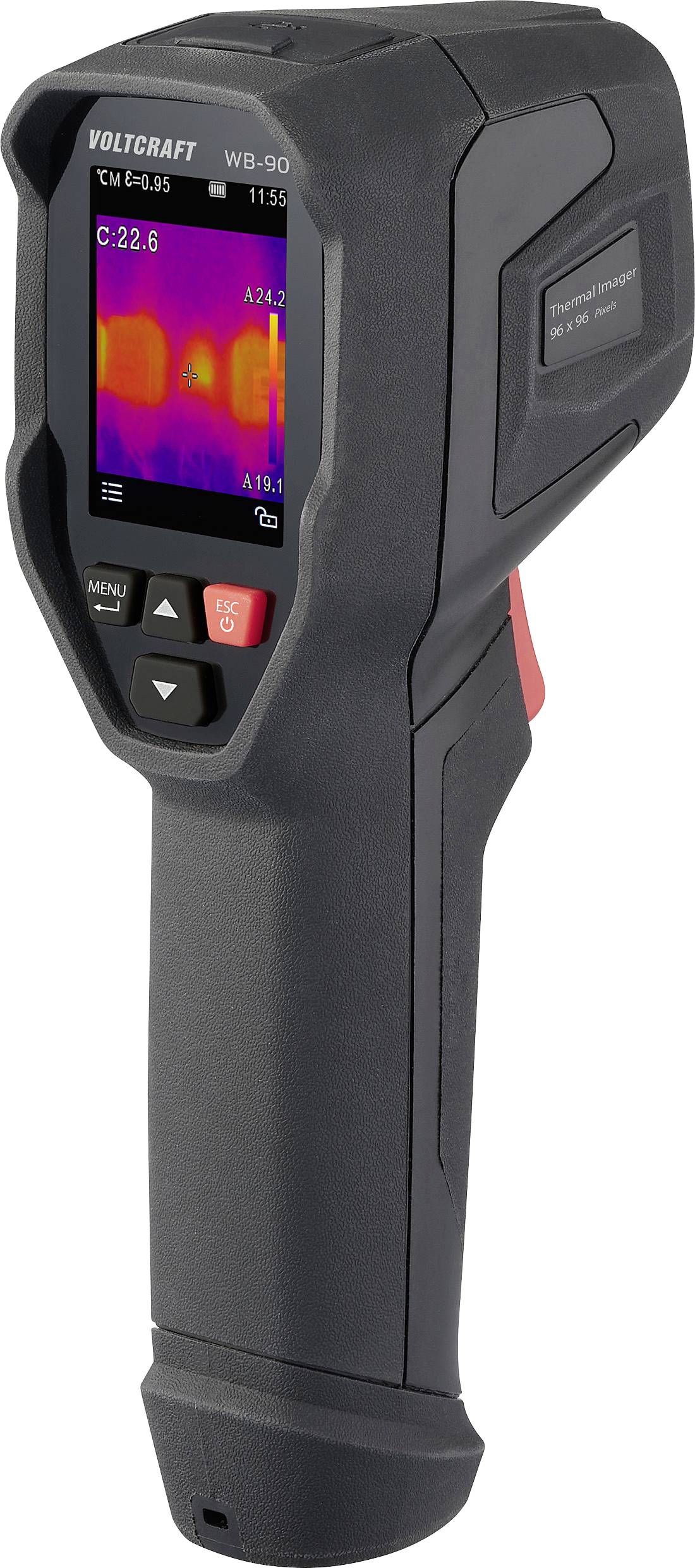 Handgerät zur Temperaturmessung mit Infrarot-Wärmebildanzeige. Zeigt Temperaturunterschiede farbig an.