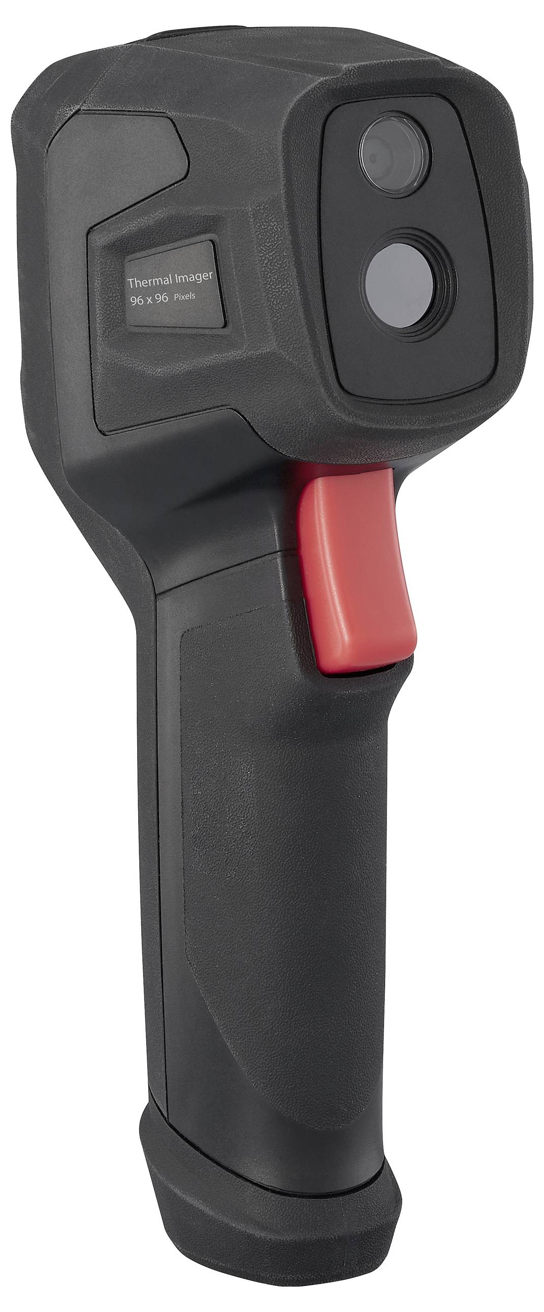 Eine schwarze Infrarotkamera mit rotem Griff, kompakt und handlich, mit zwei Linsen auf der Vorderseite für Wärmebilder.