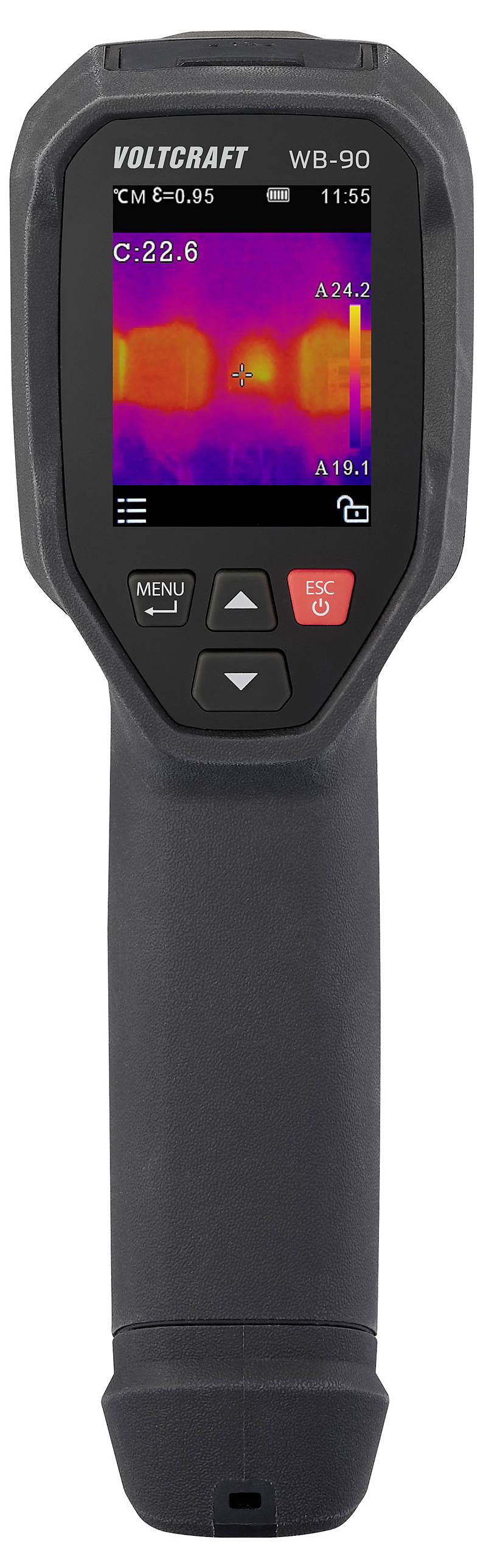 Ein tragbares Infrarot-Thermometer zeigt Wärmebilder auf einem Bildschirm. Bunte Bereiche zeigen Temperaturunterschiede.