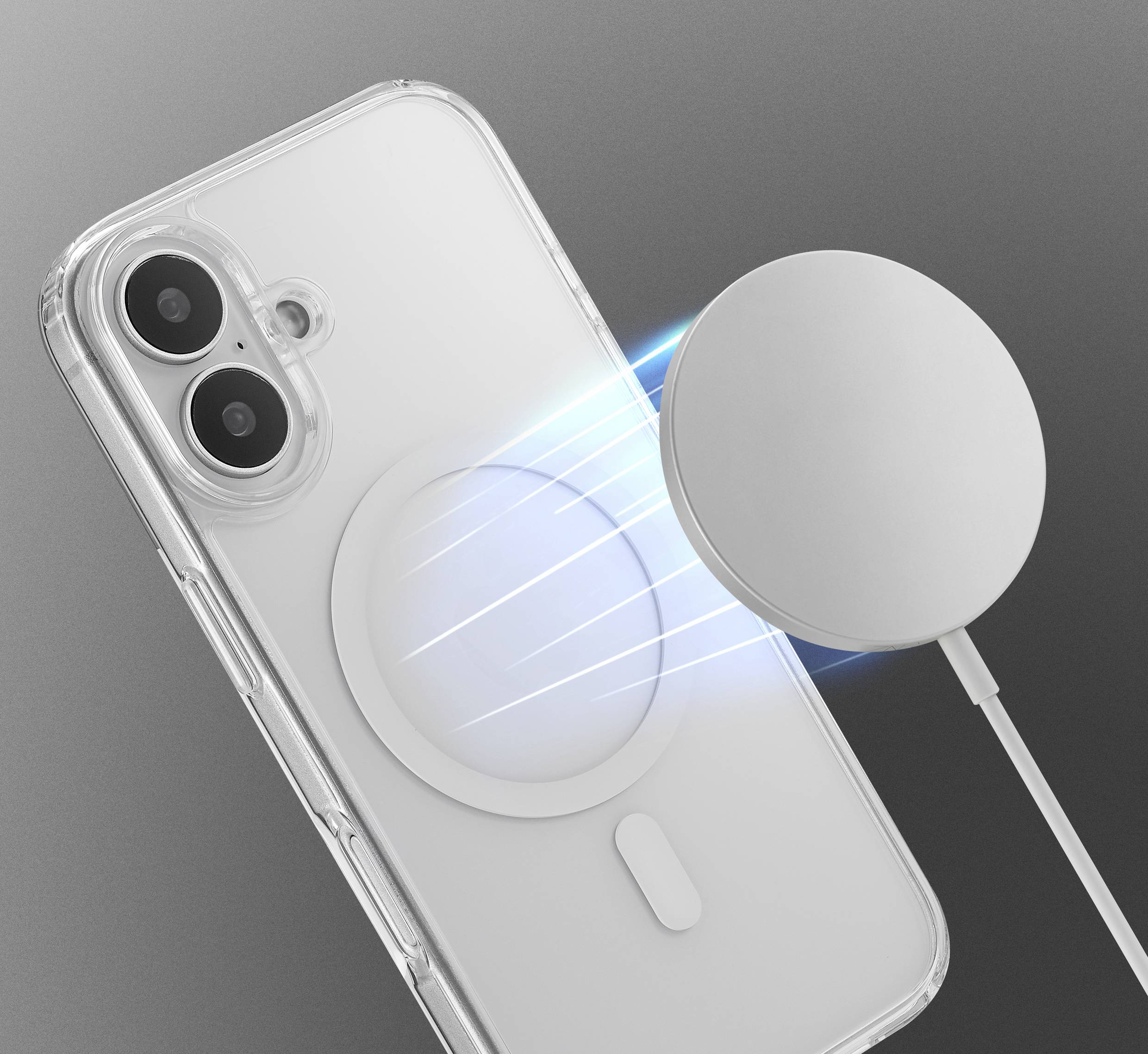 Smartphone mit transparentem Gehäuse wird kabellos über ein rundes Ladegerät auf grauem Hintergrund aufgeladen.