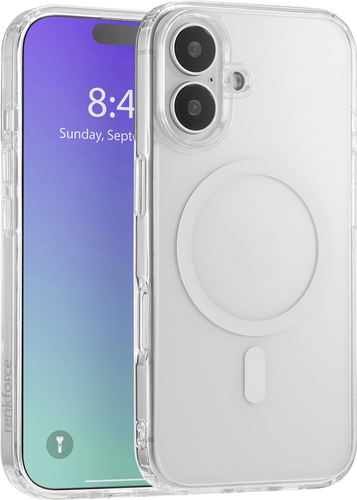 Ein Smartphone mit einer durchsichtigen Hülle. Das Display zeigt Datum und Uhrzeit an. Die Hülle ist MagSafe-kompatibel.
