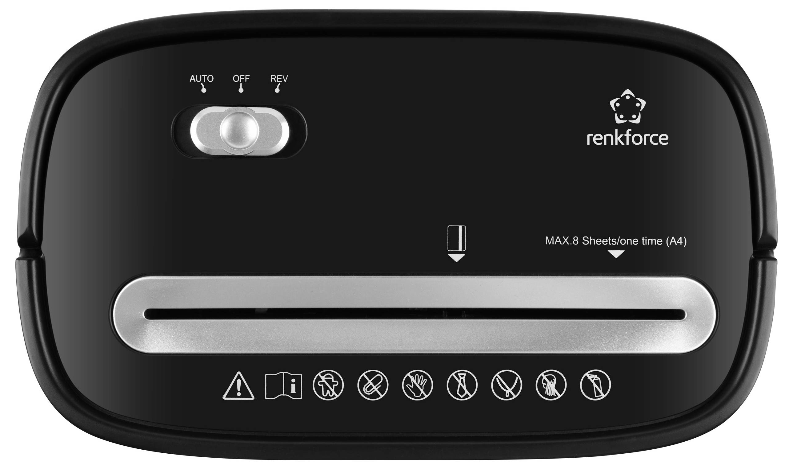 Aktenvernichter in schwarzem Gehäuse mit 'renkforce'-Logo. Bedienknopf für Auto, Aus, Rückwärts. Schlitz für Papier. Maximale Kapazität: 8 Blatt.