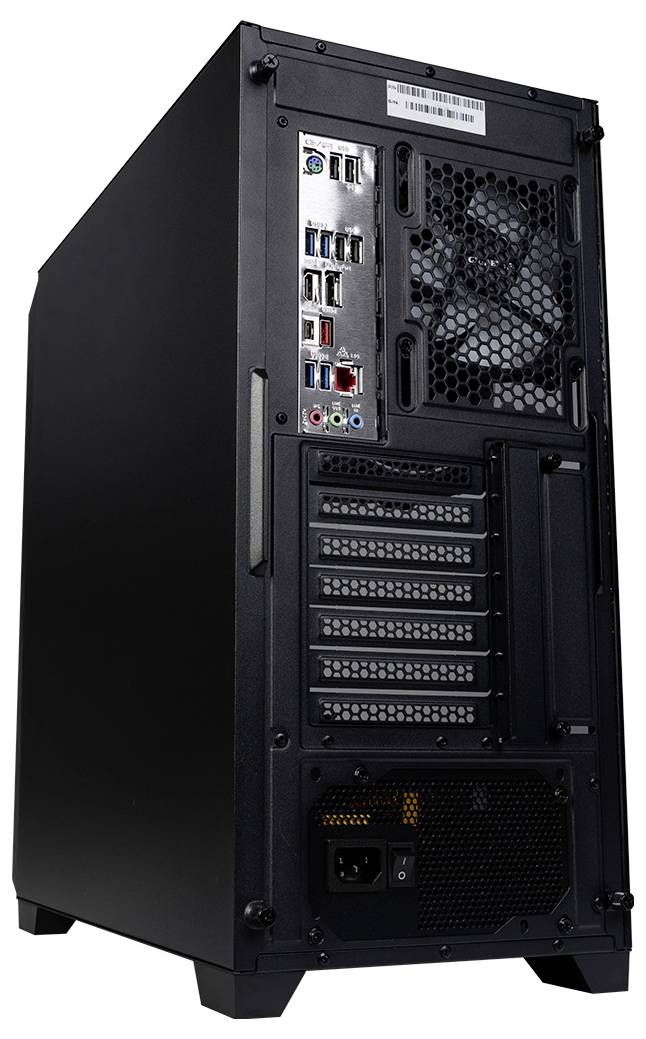 Ein Computer-Gehäuse von hinten mit sichtbaren Anschlüssen und Lüfter.