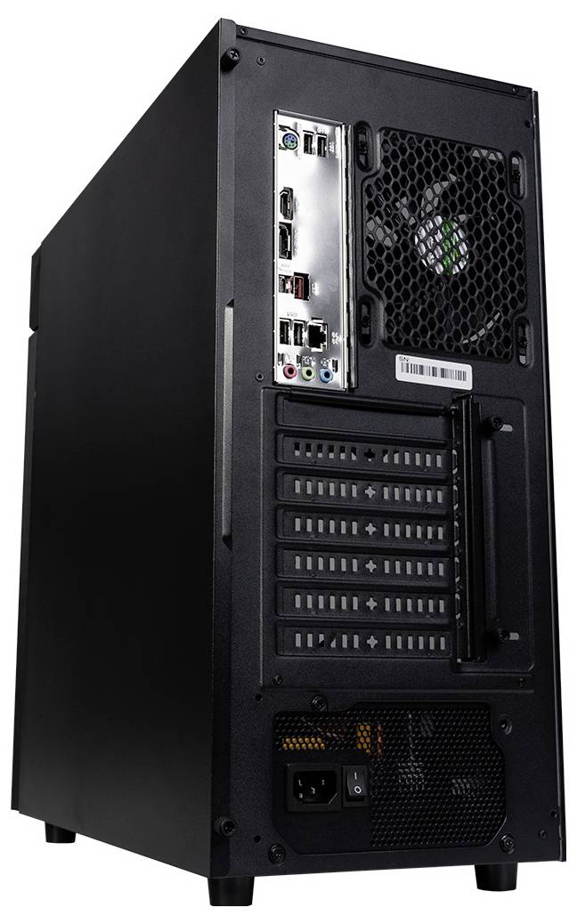 Der schwarze Computergehäuse-Tower zeigt die Rückseite mit mehreren Anschlüssen und Lüftergitter sichtbar.