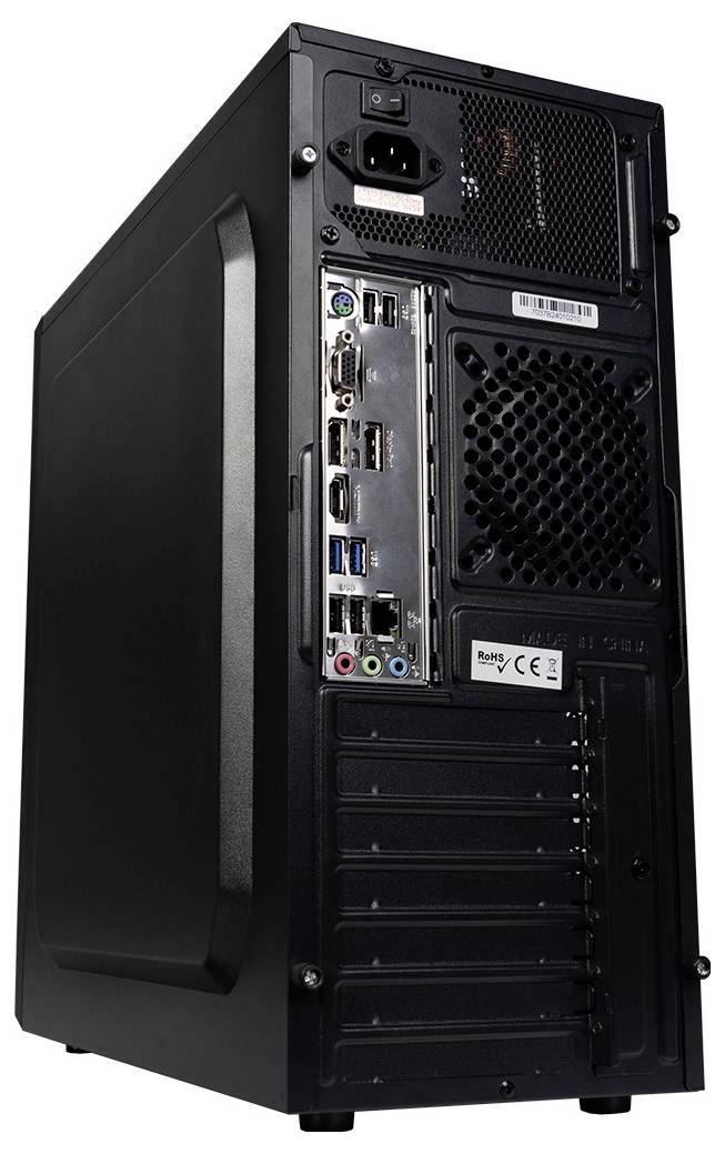 Computer-Gehäuse von hinten mit Anschlüssen, darunter USB-, HDMI- und Audiobuchsen sowie Netzanschluss.