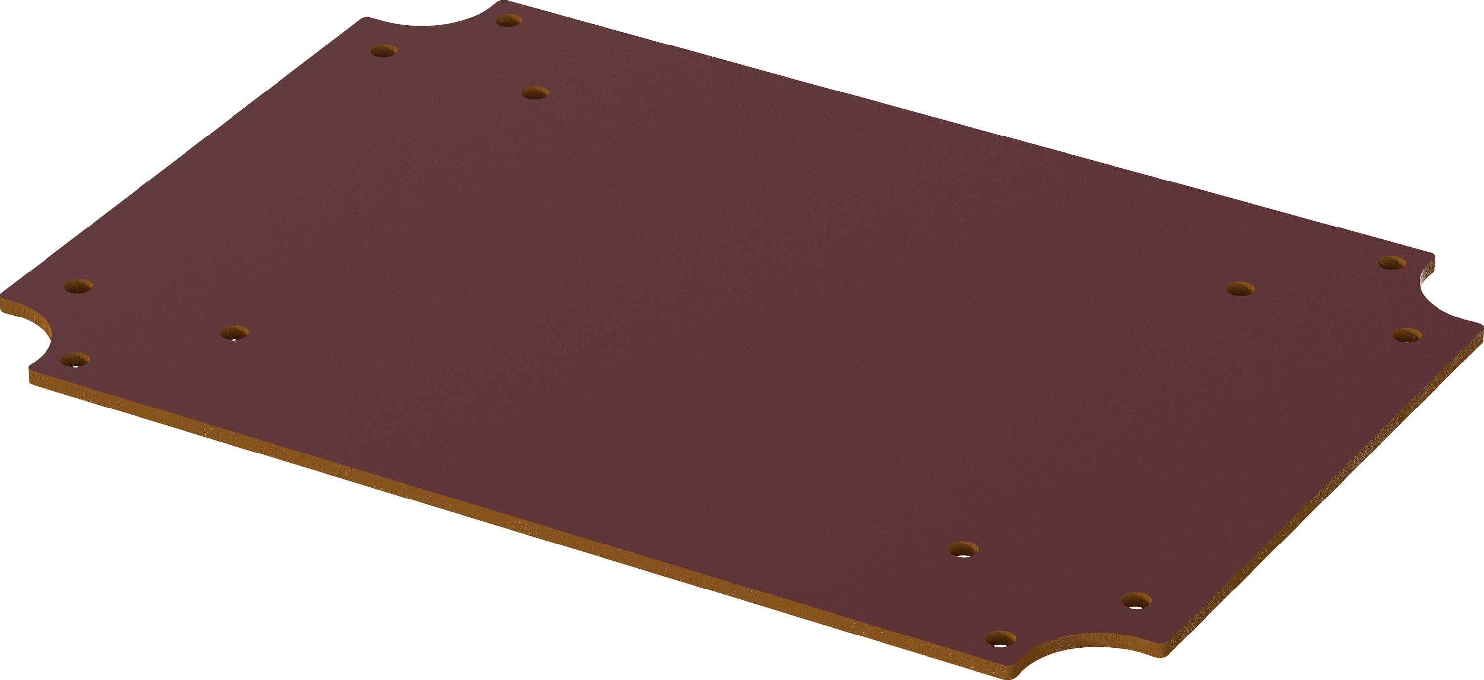 Eine rechteckige, braune Platte mit abgerundeten Ecken und mehreren Löchern, vermutlich für Kabel- oder Befestigungszwecke.