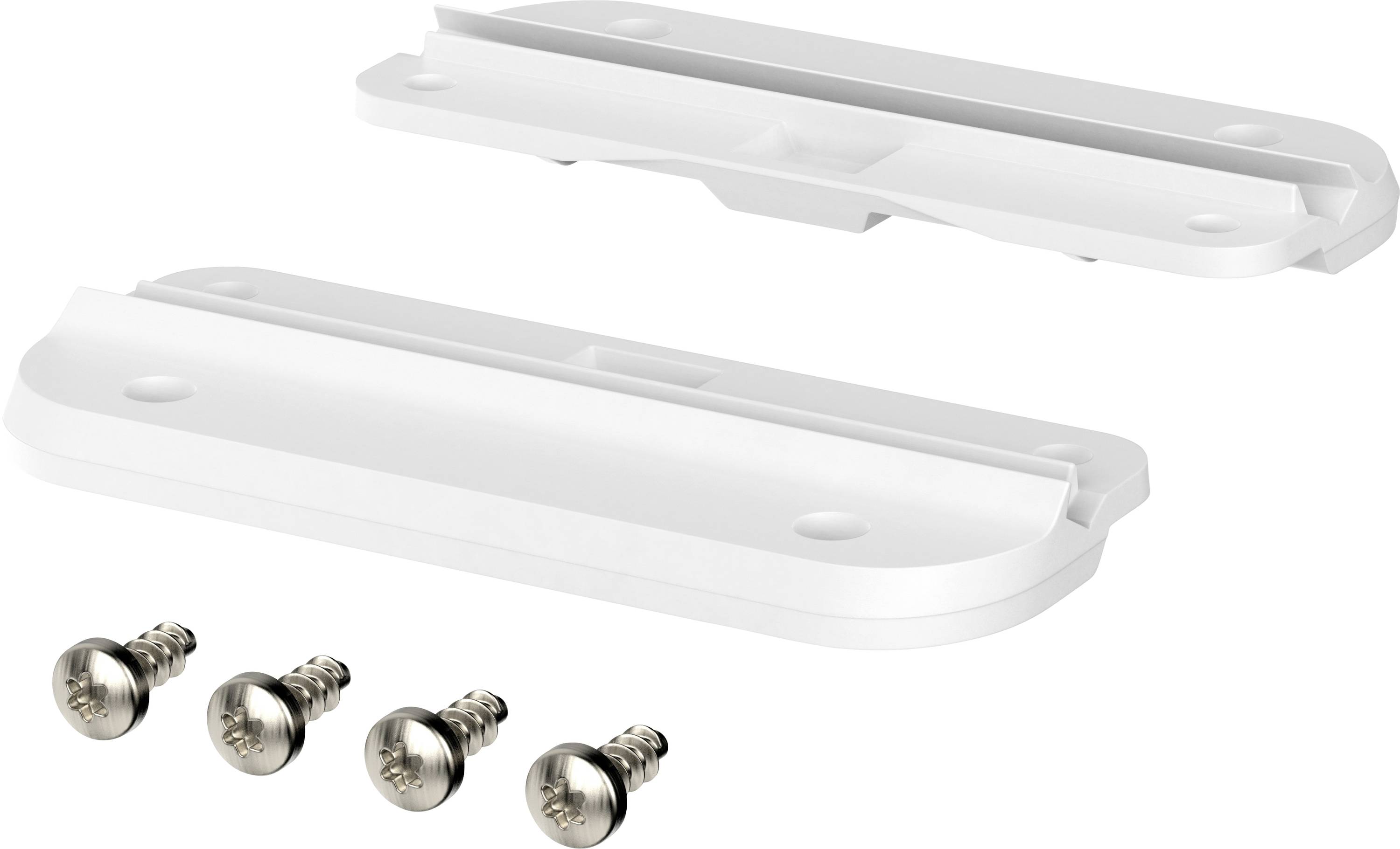 Bild zeigt zwei weiße Wandhalterungen nebeneinander, mit je zwei Schrauben darunter, auf weißem Hintergrund.