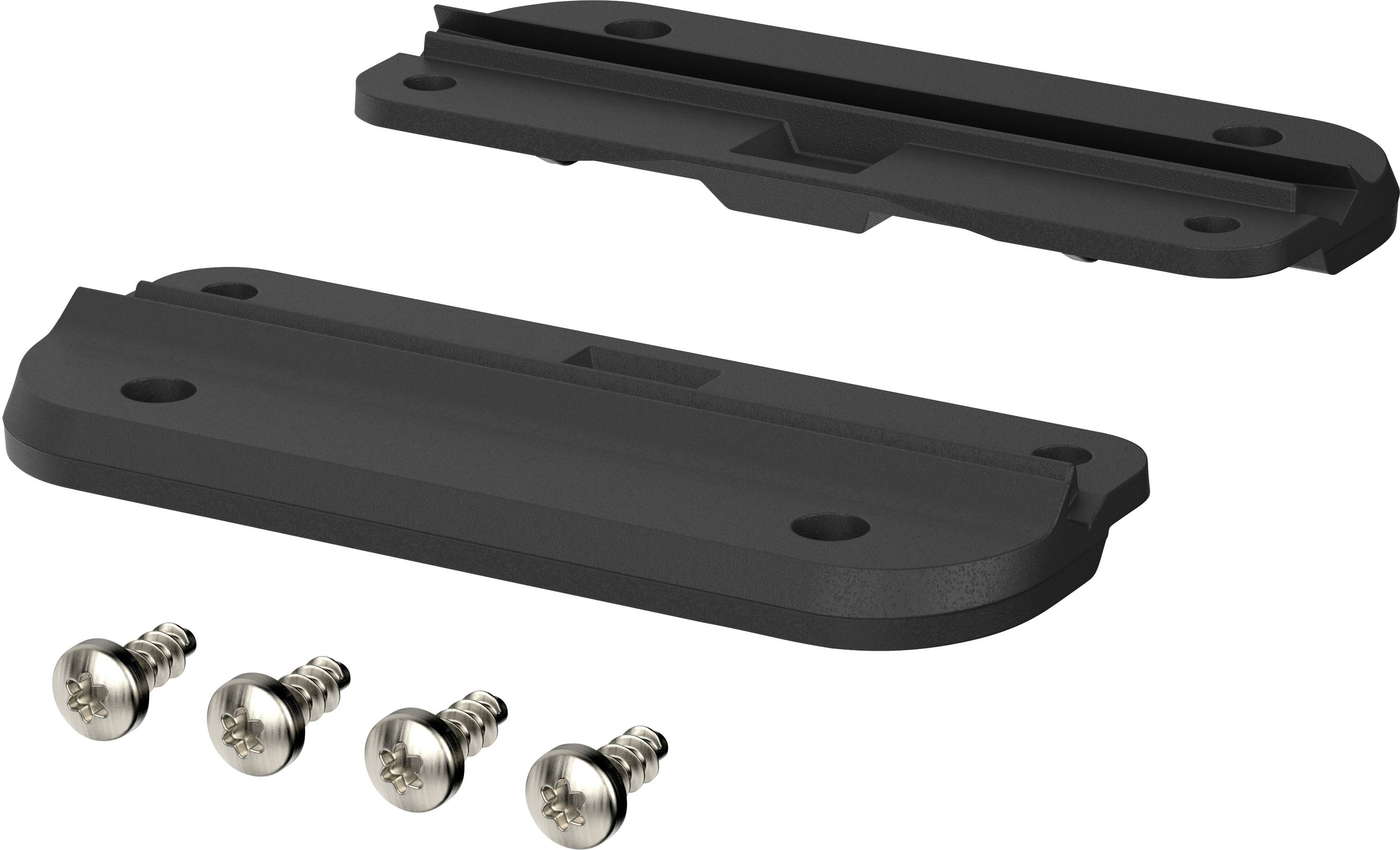 Zwei schwarze Montageplatten mit vier silbernen Schrauben, vermutlich für die Befestigung von Elektronikgeräten oder ähnlichem.