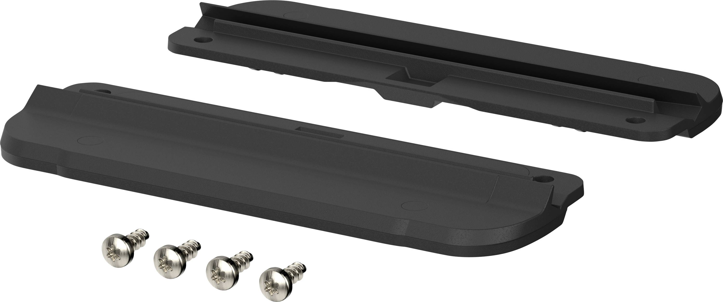 Zwei schwarze Kunststoffhalterungen mit abgeschrägten Kanten, nebeneinander liegend, darunter vier silberne Schrauben in einer Reihe.