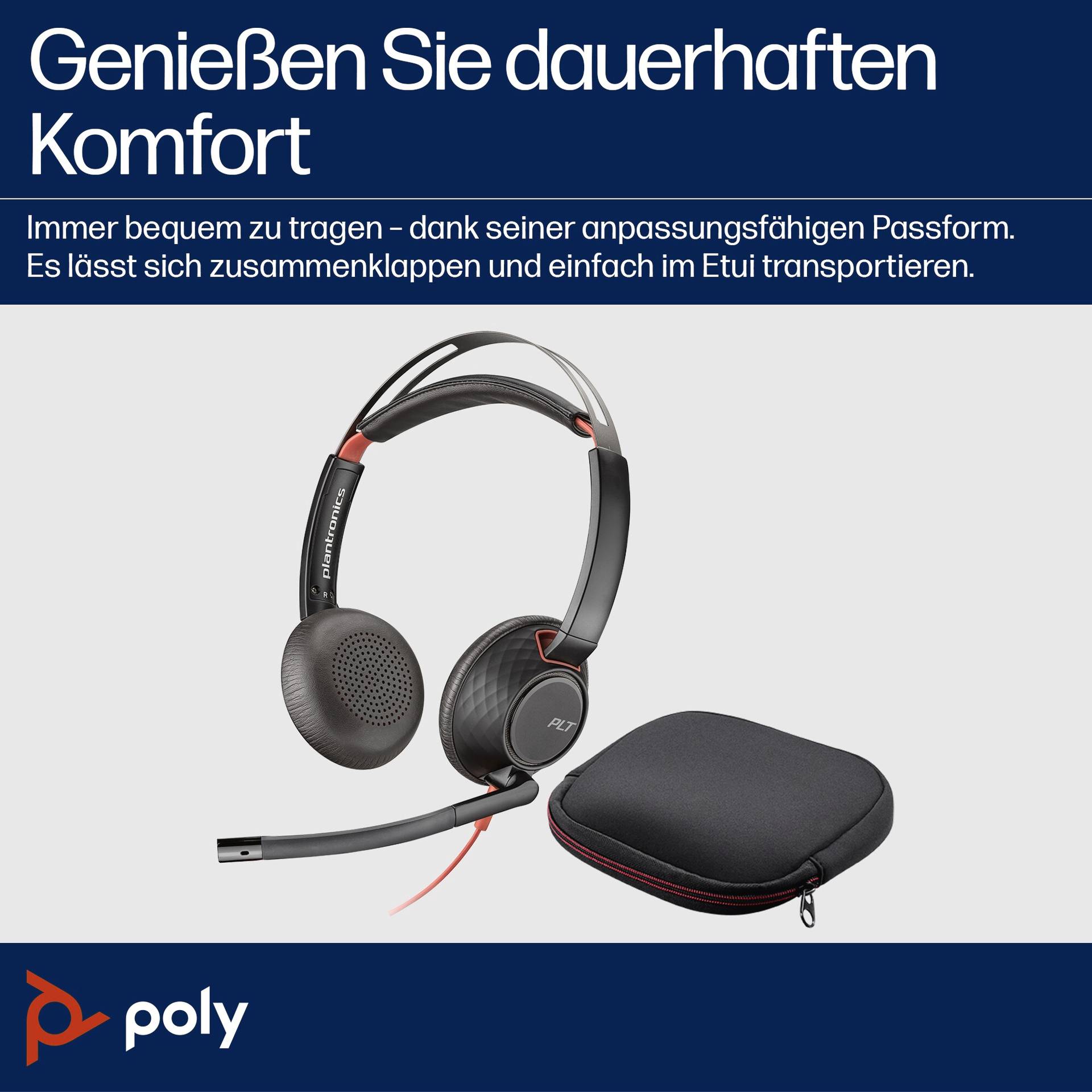 Ein schwarzes und rotes Headset mit Mikrofon und Trageetui. Text oben: 'Genießen Sie dauerhaften Komfort'. Marke: Poly.