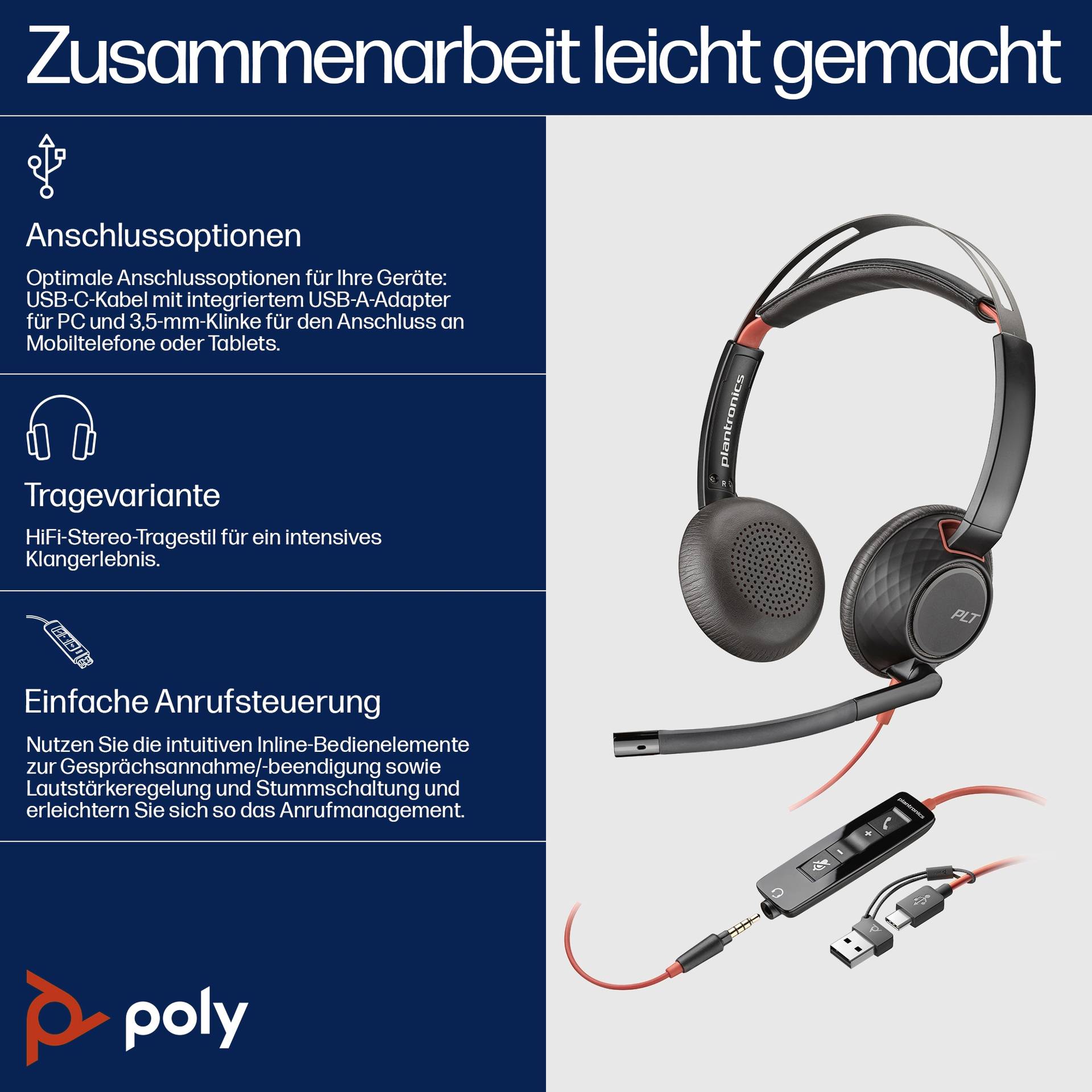Kopfhörer mit Mikrofon und USB/3,5-mm-Kabel. Text betont einfache Anschlussoptionen und Nutzung. Poly-Logo unten links.