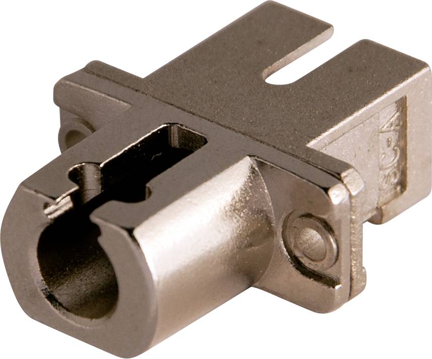 Ein metallisches Beschlagteil, möglicherweise für Möbelmontage, mit rechteckiger Grundform und zylindrischer Öffnung.