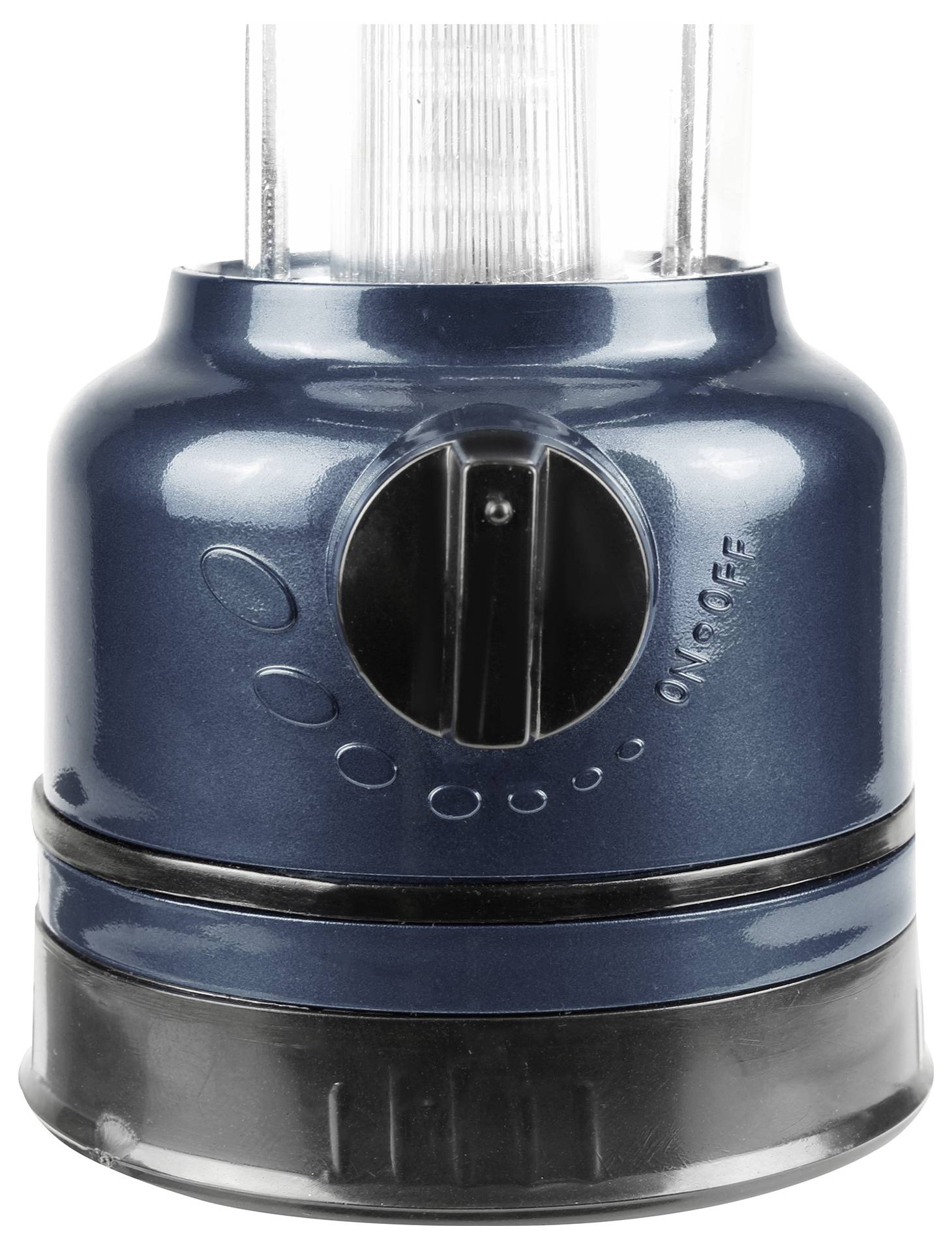 Eine blaue Taschenlampe mit einem schwarzen Drehschalter zum Ein- und Ausschalten. Der obere Teil ist transparent.