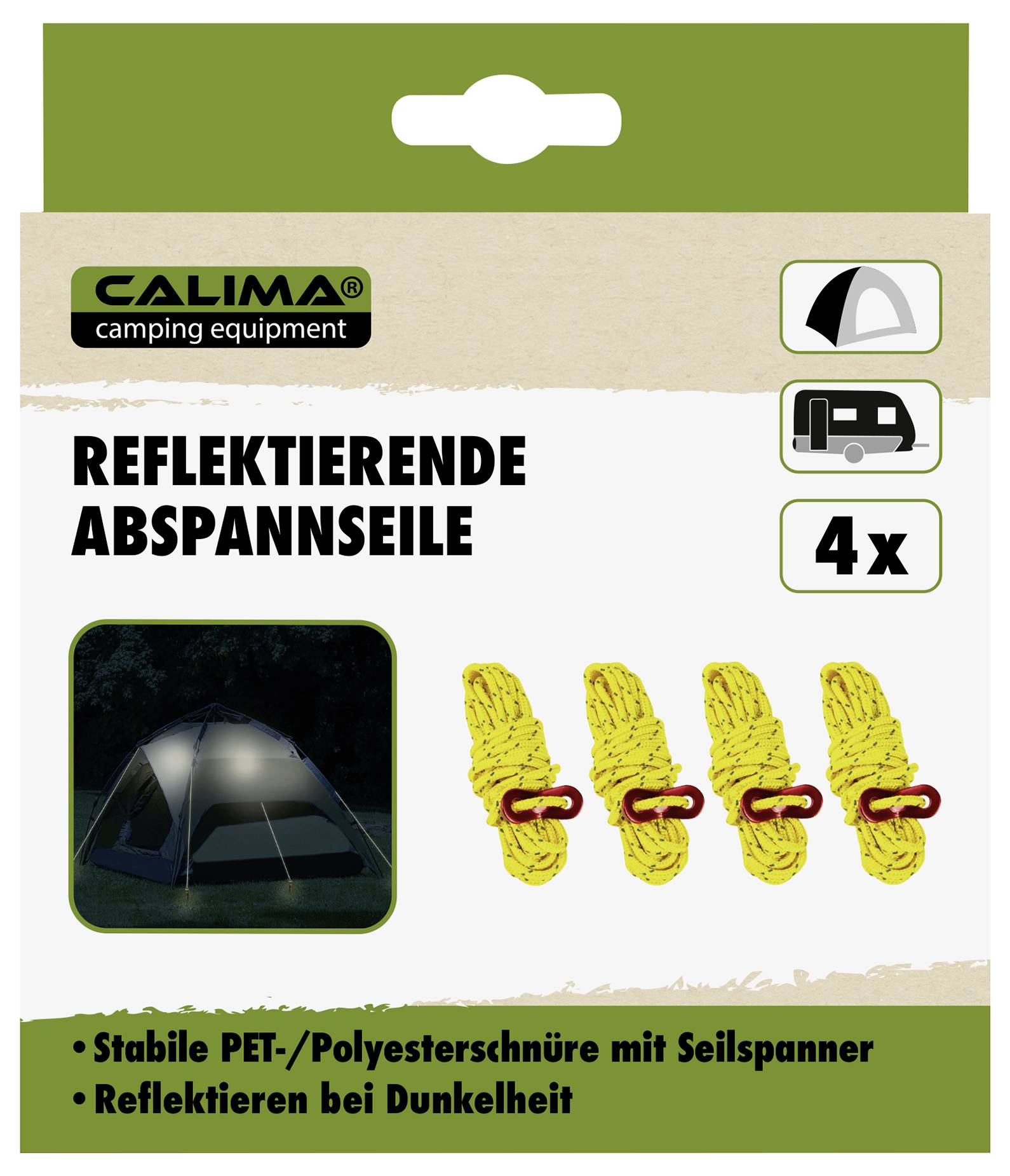 Verpackung für reflektierende Abspannseile der Marke CALIMA, zeigt Bild eines Zelts bei Dunkelheit. Enthält 4 Stück, betont Sichtbarkeit.