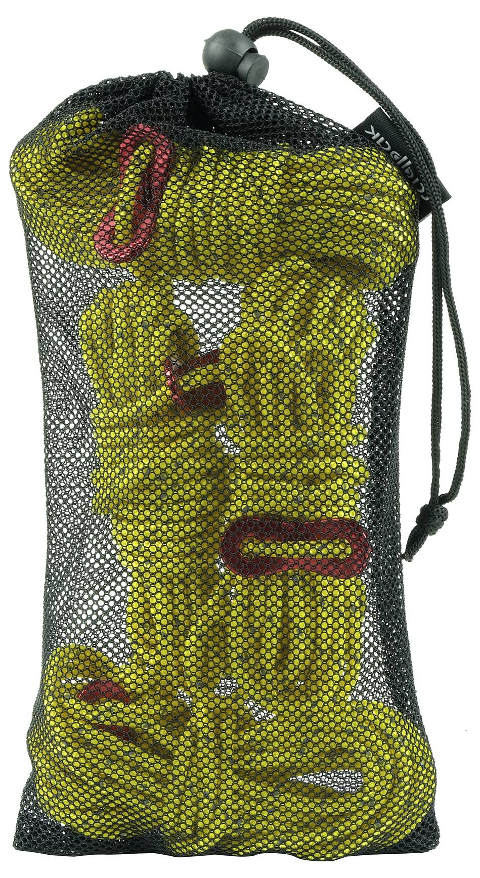 Gelbes Kletterseil mit roten Akzenten, in einem schwarzen Netzbeutel mit Kordelzug verpackt. Ideal für Klettersportler.