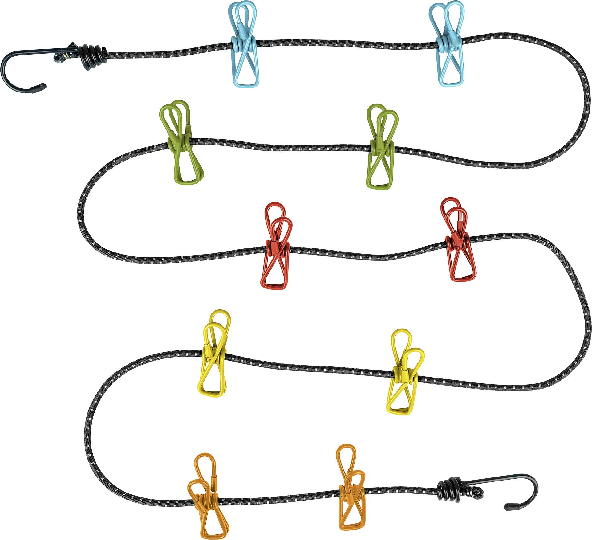Elastisches Seil mit mehreren bunten Clips verteilt. Es hat an beiden Enden Haken zur Befestigung.