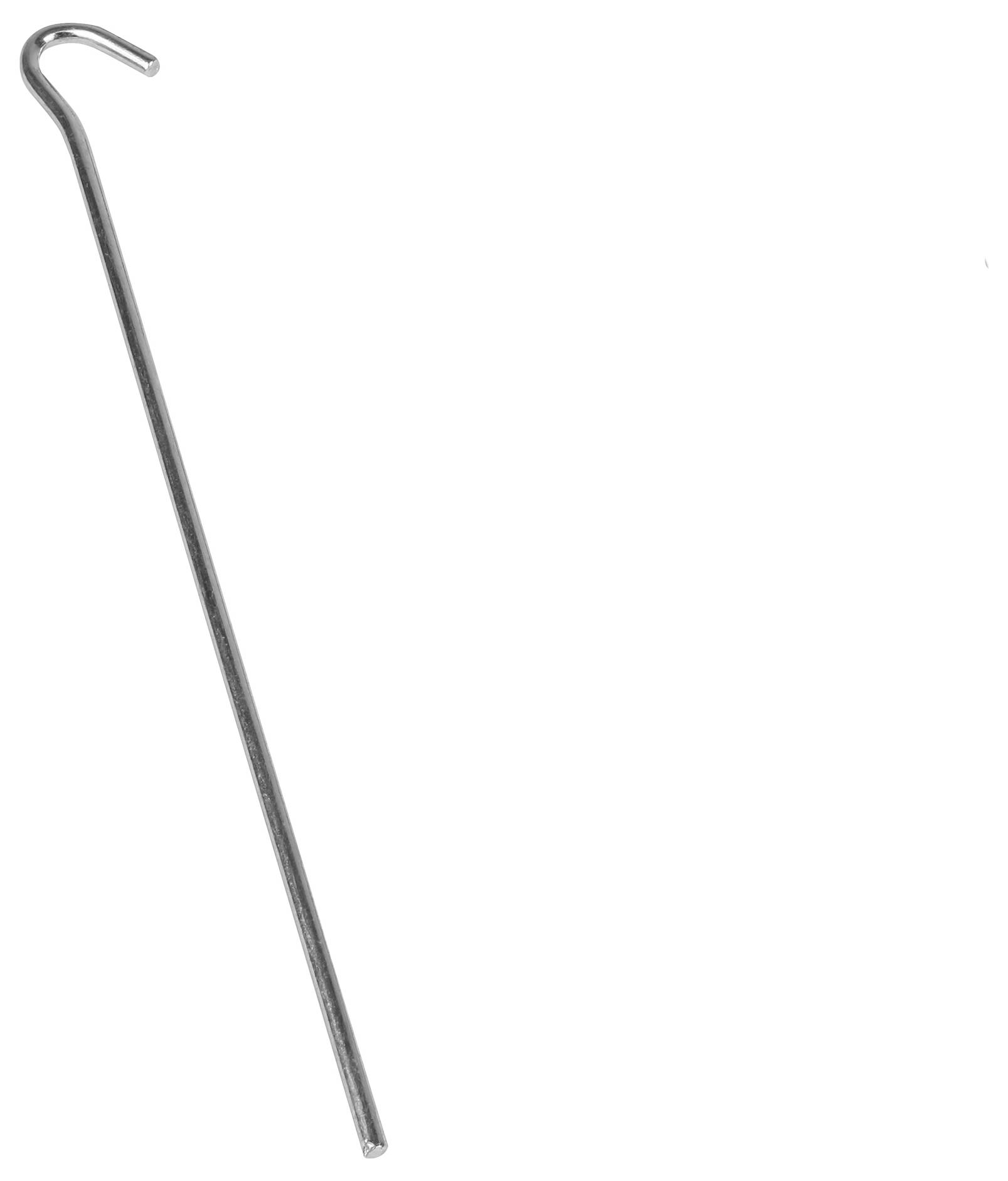 Ein langer Metallhaken mit einer gebogenen Spitze. Er wird für das Anbringen oder Halten von Gegenständen verwendet.