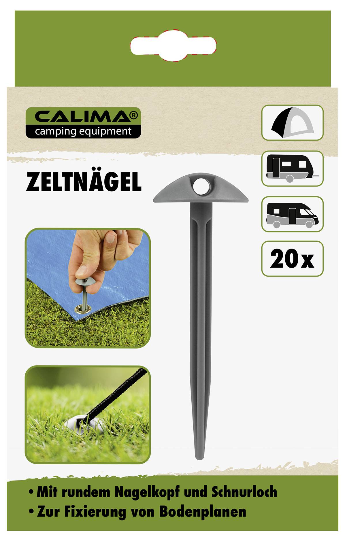 Packung mit 20 Zeltnägeln von 'Calima'. Enthält Abbildungen, die die Verwendung zum Sichern von Zeltplanen zeigen. Geeignet für Camping.