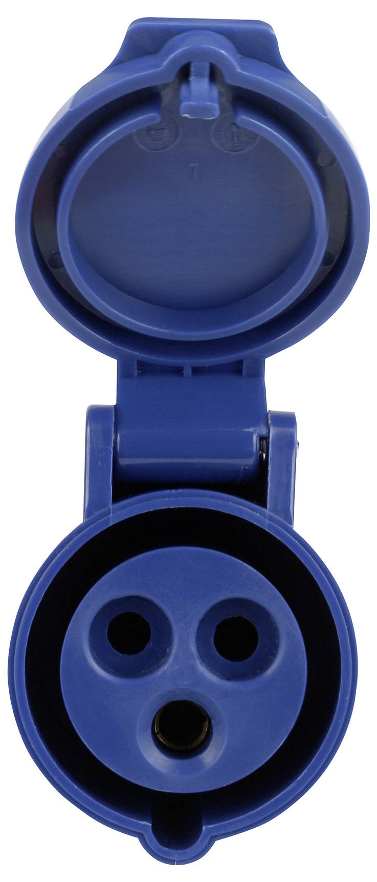 Geöffnete blaue Steckdose mit drei kreisförmigen Anschlüssen.