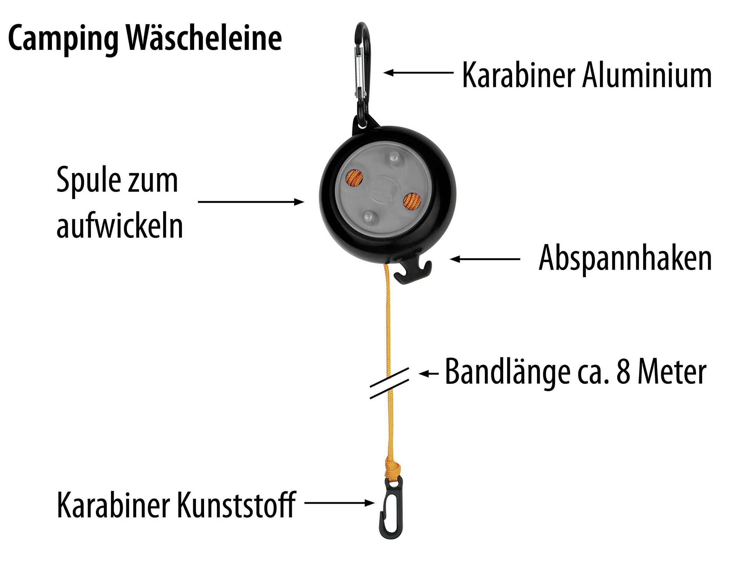 'Camping Wäscheleine' mit Karabiner aus Aluminium, Spule zum Aufwickeln, Abspannhaken und Bandlänge von ca. 8 Metern, Karabiner aus Kunststoff.