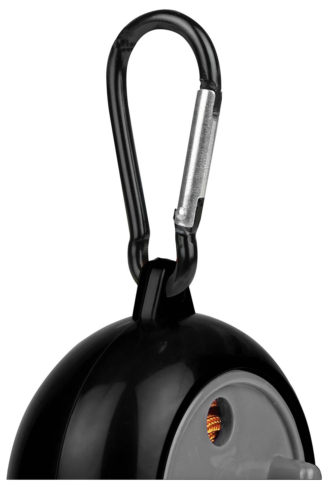 Schwarzer Karabinerhaken an einem runden Objekt mit sichtbarer Schraubbefestigung.