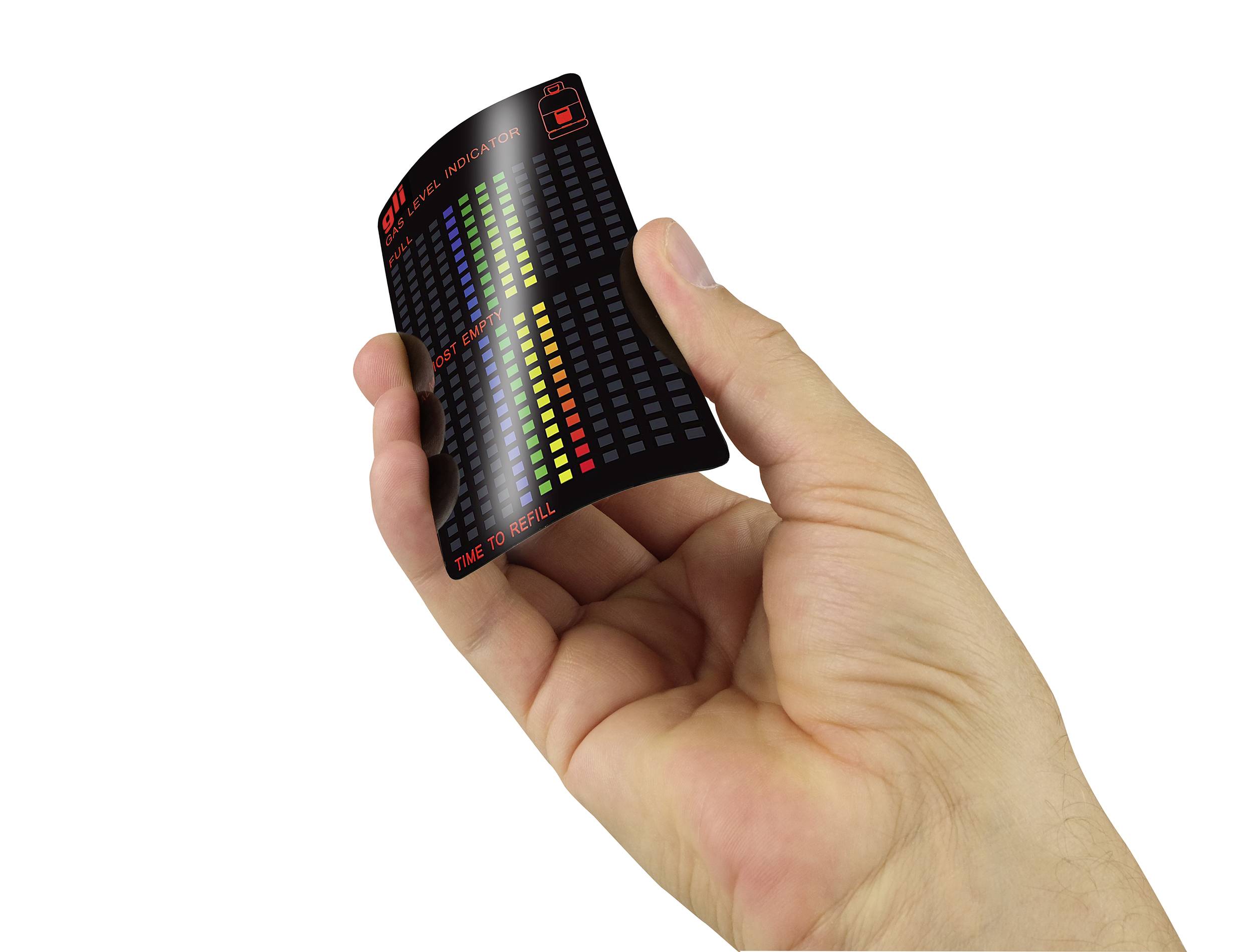Eine Hand hält ein flexibles Display mit bunten Rastergrafiken und leuchtenden Symbolen, das innovative Technologie darstellt.