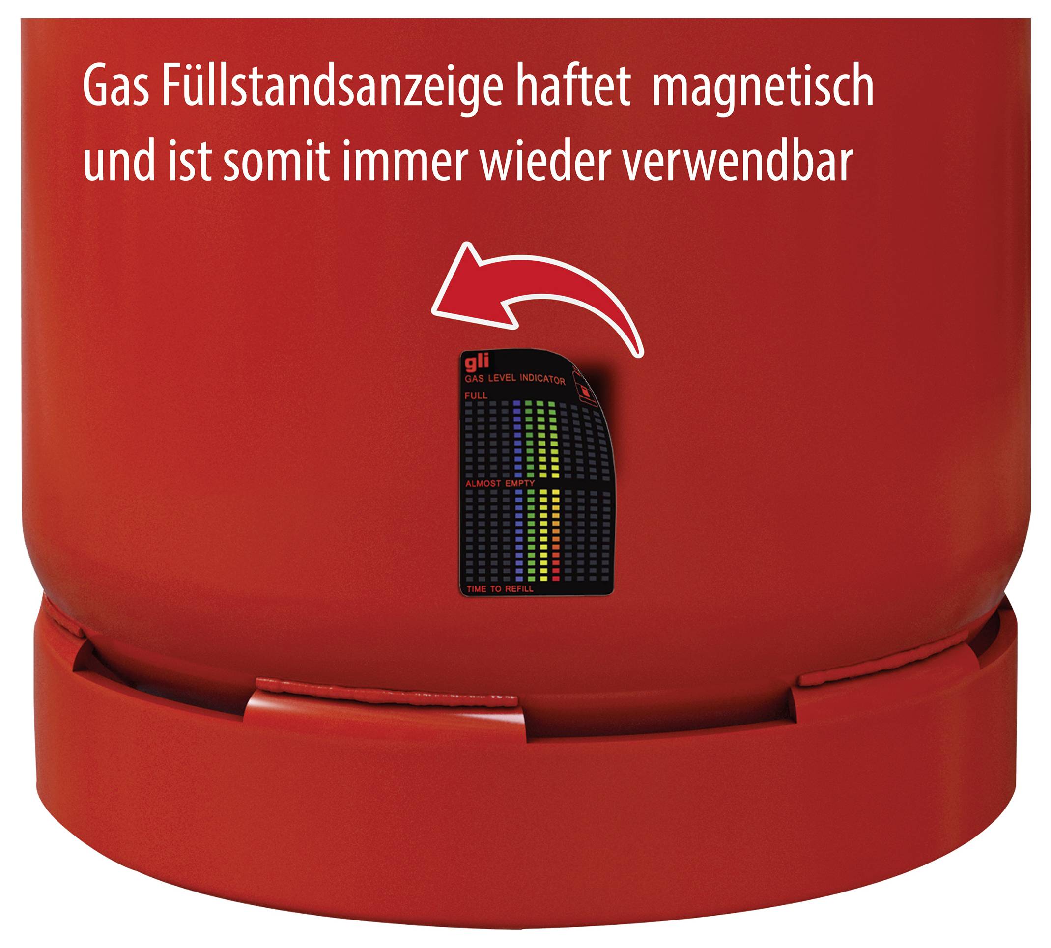 'Gas Füllstandsanzeige haftet magnetisch und ist somit immer wieder verwendbar.' zeigt eine Anzeige auf einem roten Zylinder.