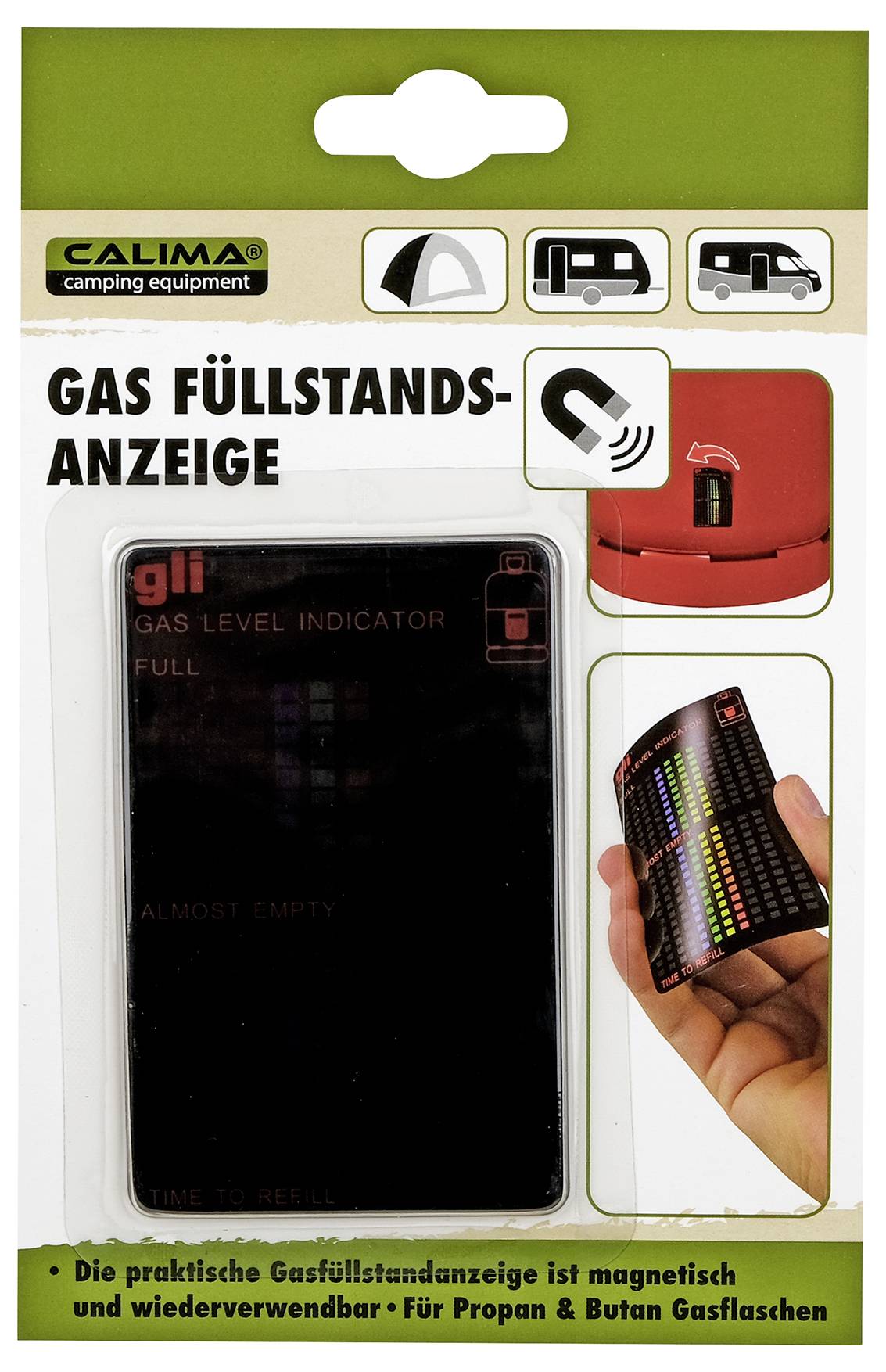 'Gasfüllstandsanzeige haftet magnetisch' zeigt ein Magnetindikator auf einer roten Gasflasche mit Pfeil nach links oben.
