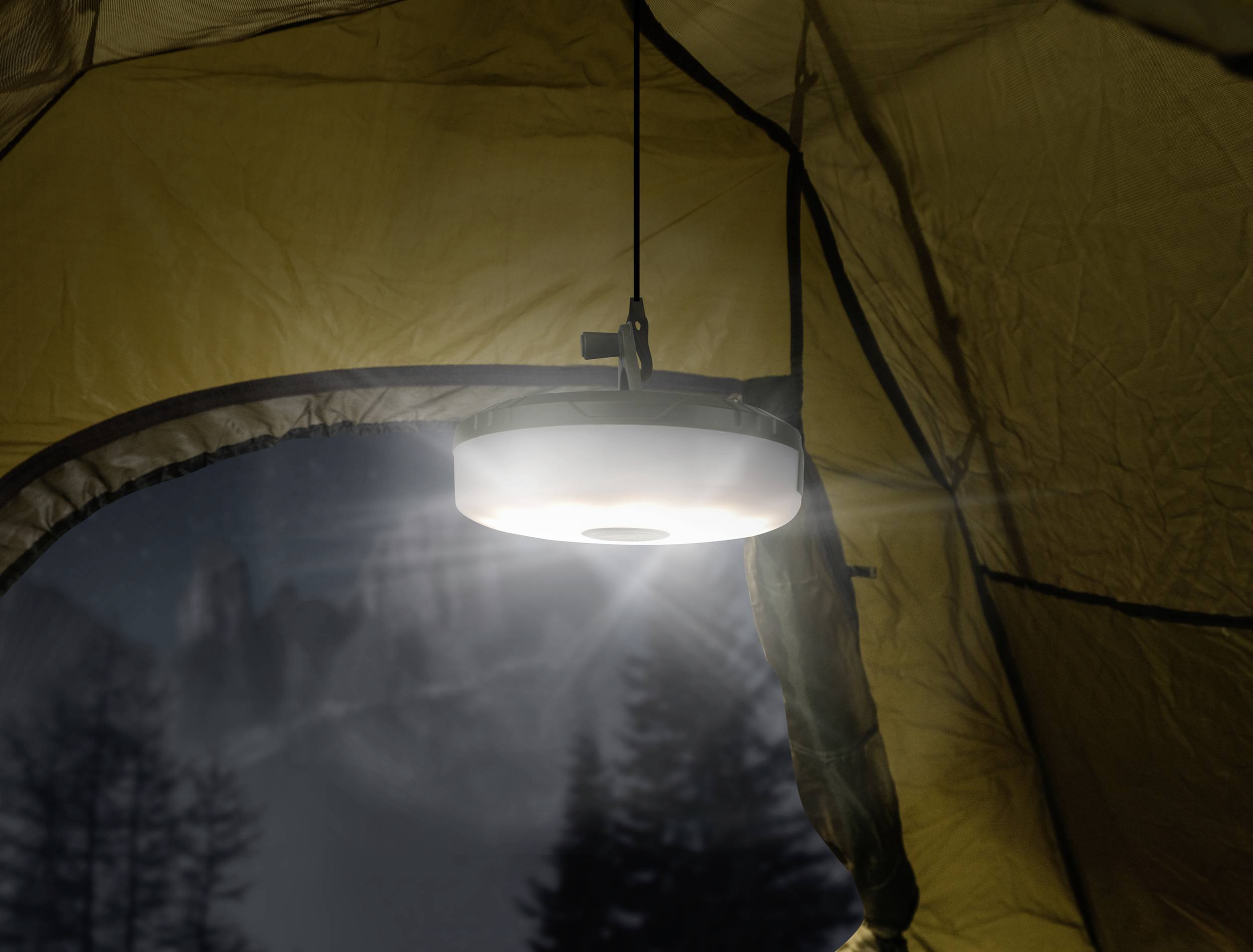 Eine Laterne hängt im Inneren eines Zelts und leuchtet hell in der Nacht. Durch die Zeltöffnung sind verschwommene Bäume erkennbar.