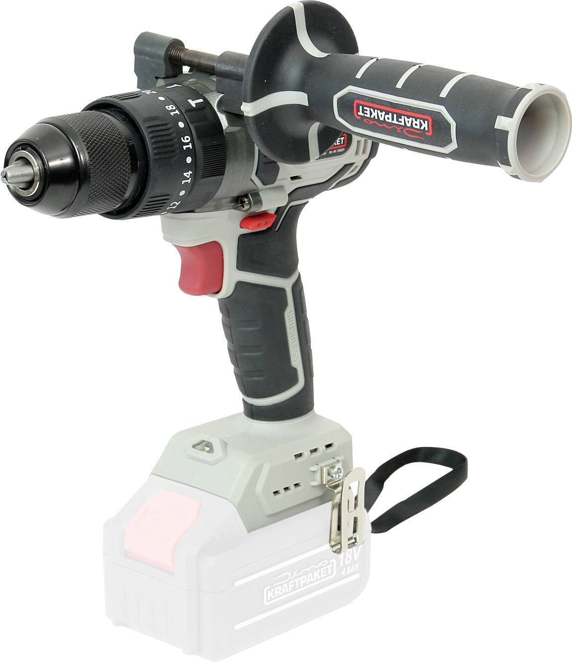 Akkuschrauber mit grauem Griff, rotem Schalter und schwarzem Bohrkopf, geeignet für handwerkliche Arbeiten.